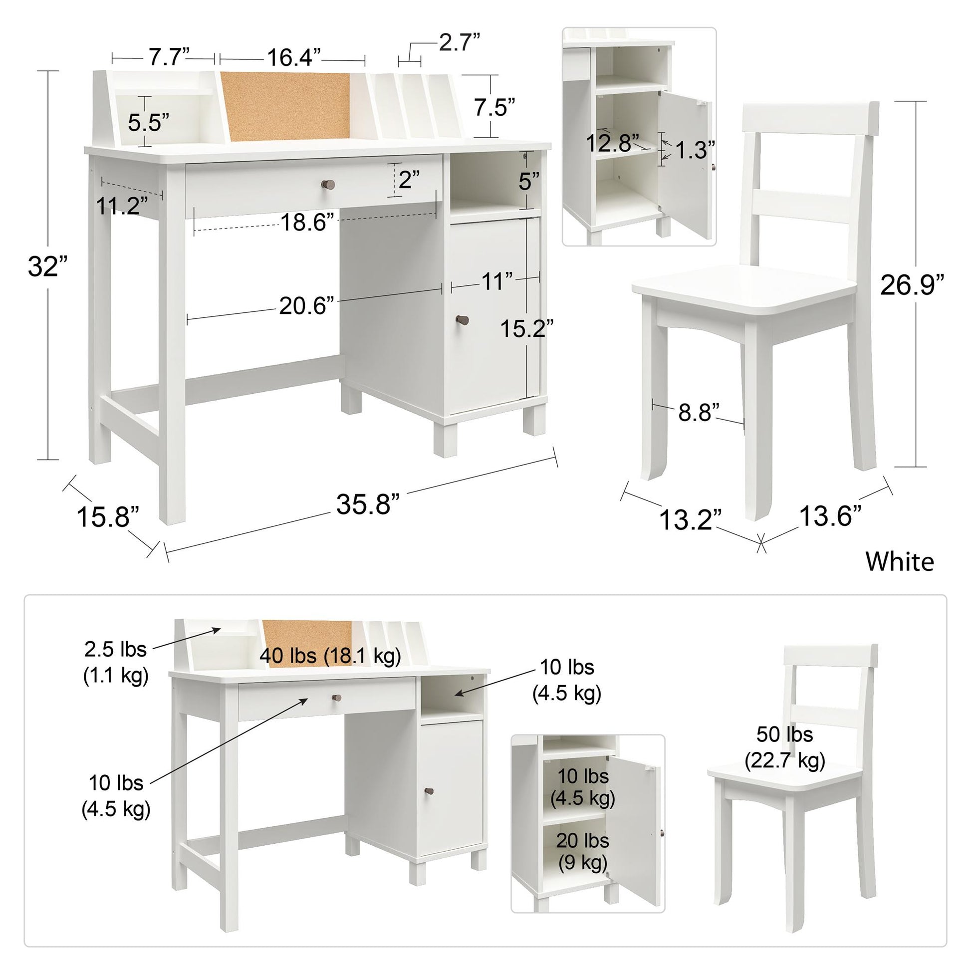 Abigail Kids Desk with Divided Storage Hutch and Chair - White