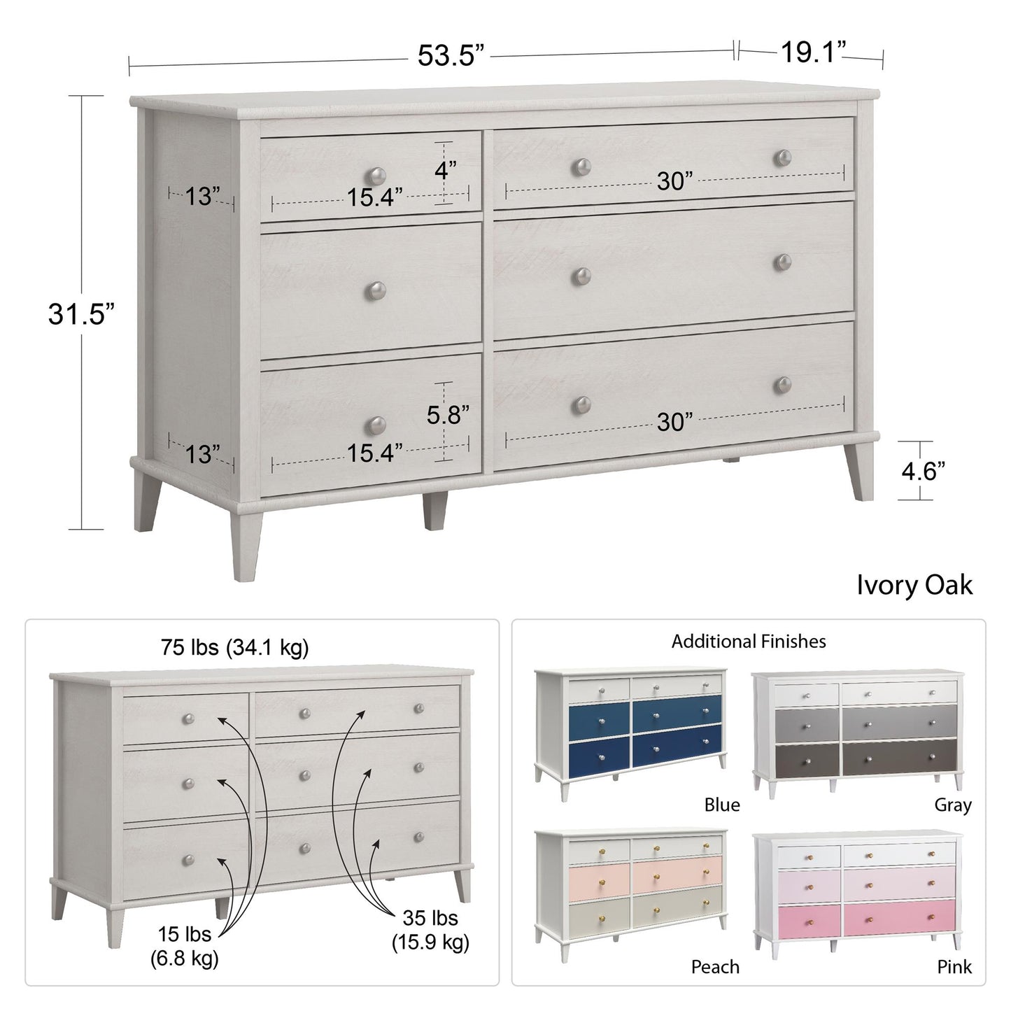 Monarch Hill Poppy 6 Drawer Dresser with 2 Sets of Knobs - Blue