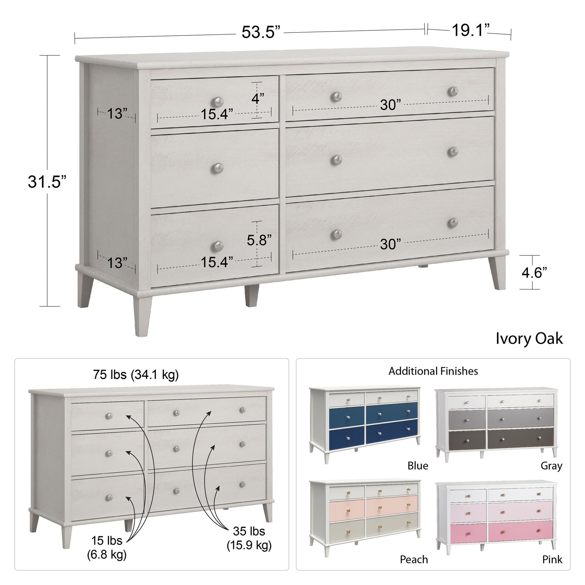 Monarch Hill Poppy 6 Drawer Dresser with 2 Sets of Knobs - Blue