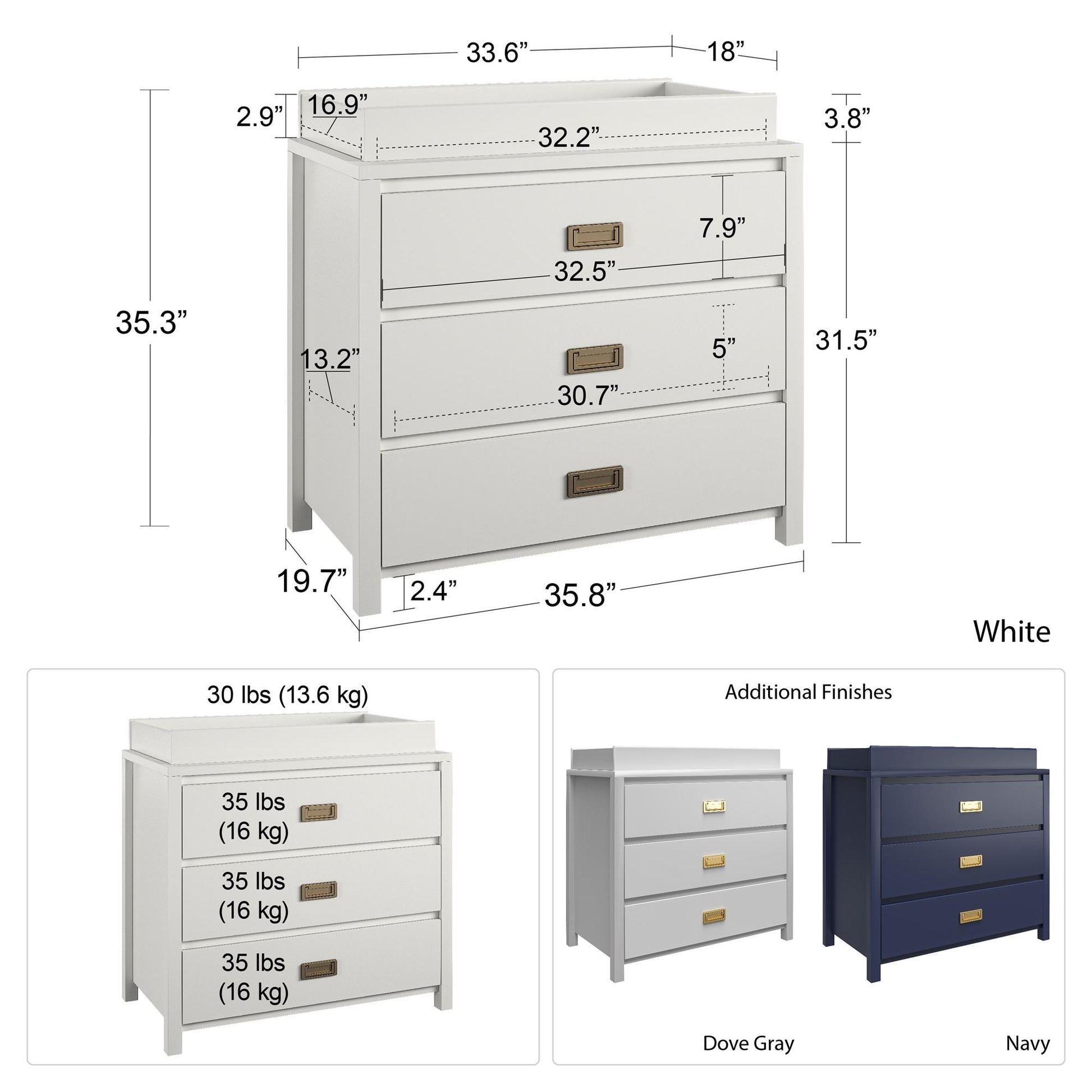 Monarch Hill Haven 3 Drawer Changing Dresser with Gold Drawer Pulls - White