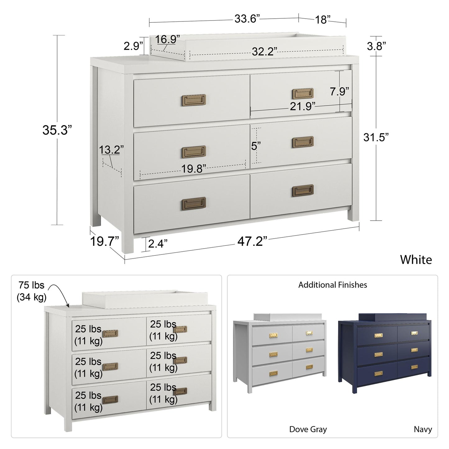 Monarch Hill Haven 6 Drawer Changing Dresser with Gold Drawer Pulls - Dove Gray