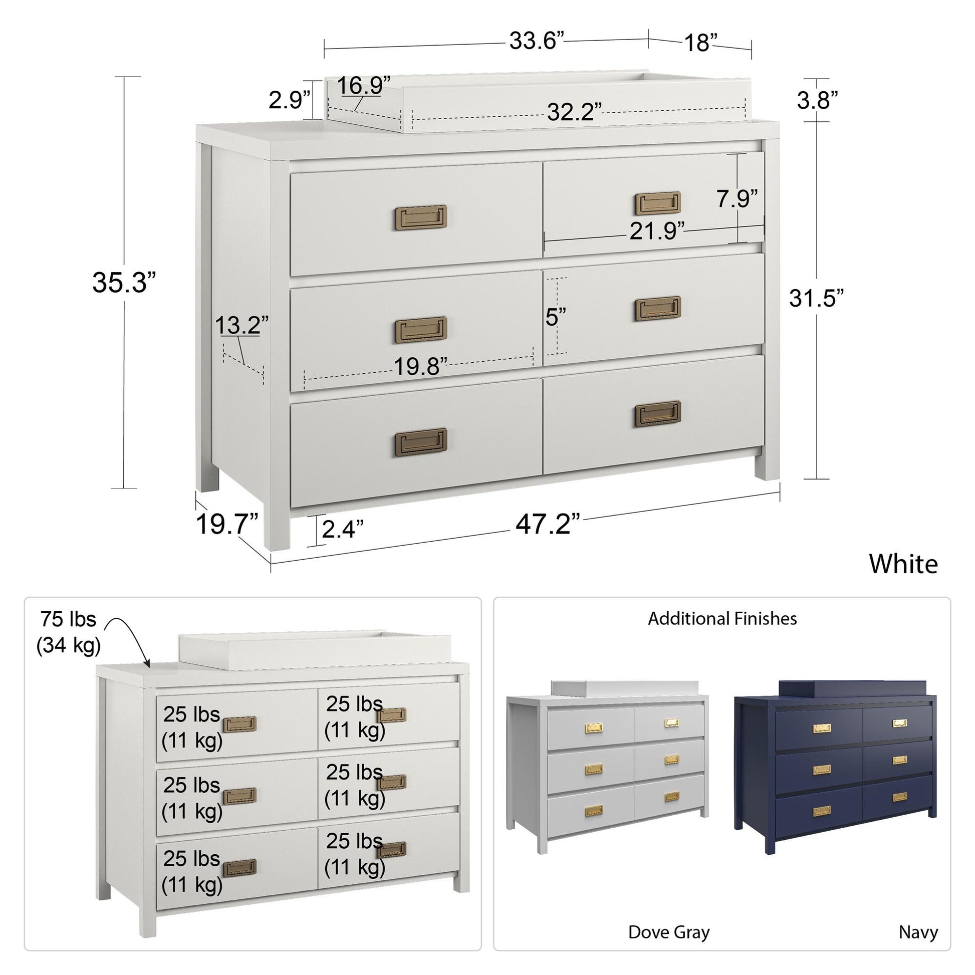 Monarch Hill Haven 6 Drawer Changing Dresser with Gold Drawer Pulls - Dove Gray