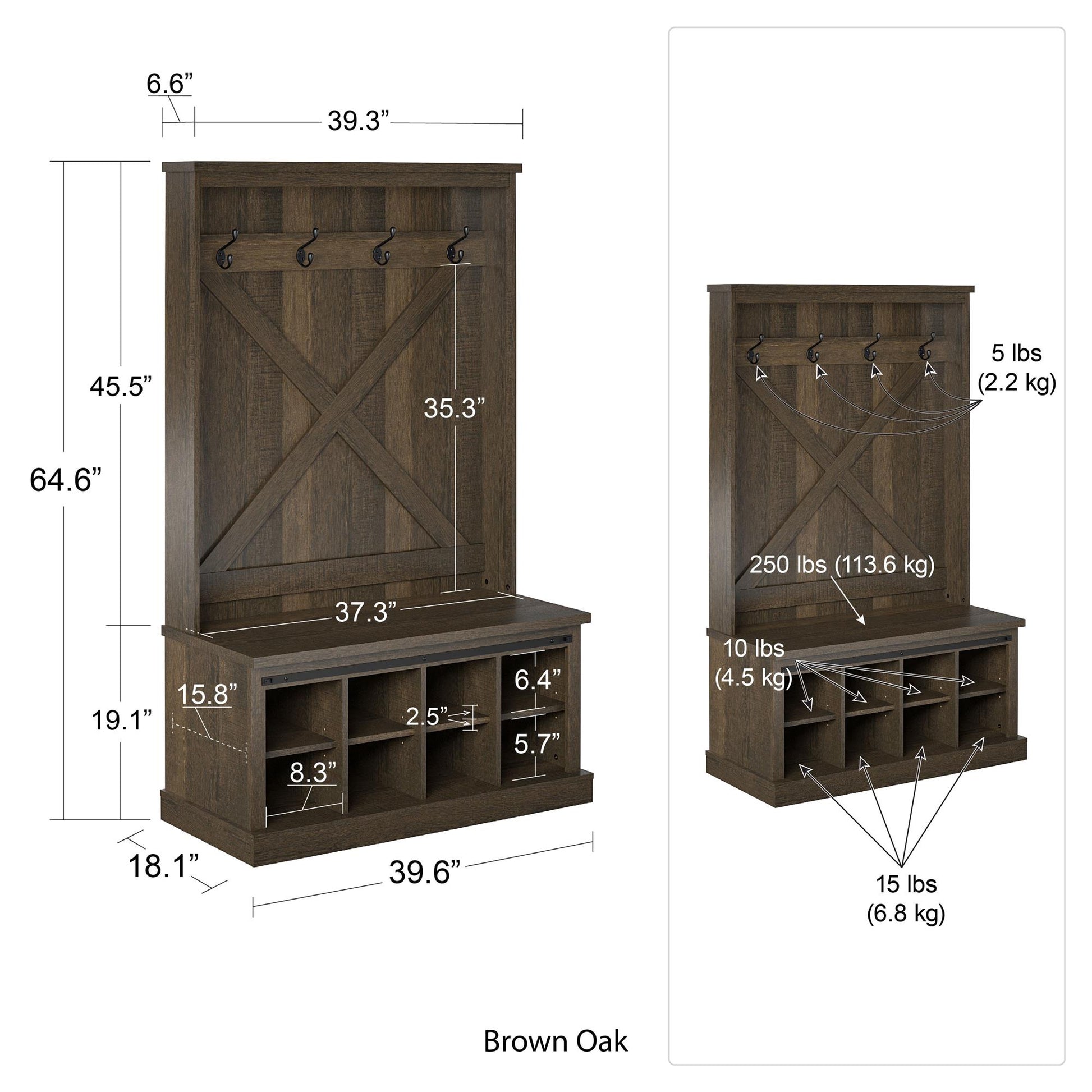 Knox County Entryway Bench with Hall Tree with 8 Cubbies and 4 Hooks - Brown Oak
