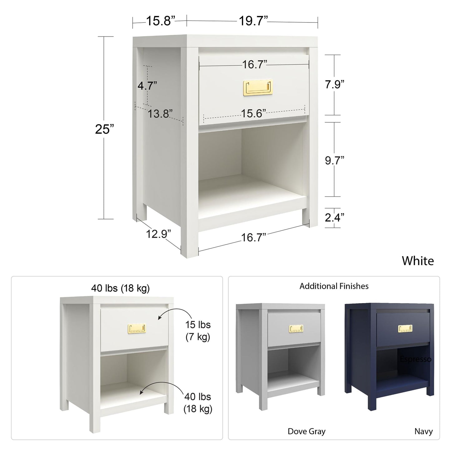 Monarch Hill Haven Kids’ 1 Drawer Nightstand with Gold Drawer Pull - White