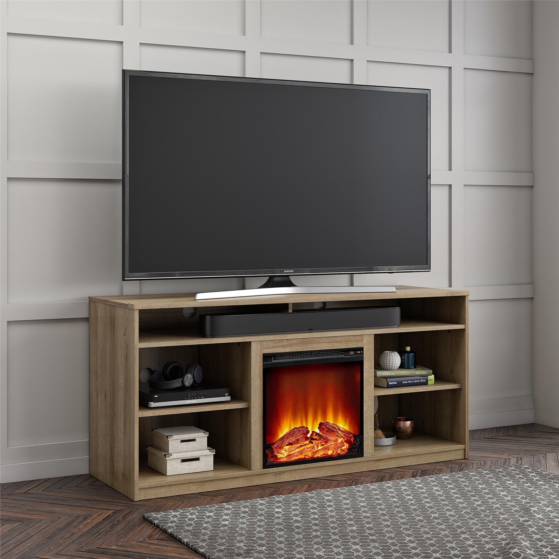 Vesta Fireplace TV Stand for TVs up to 65 Inches with 6 Storage Shelves - Natural