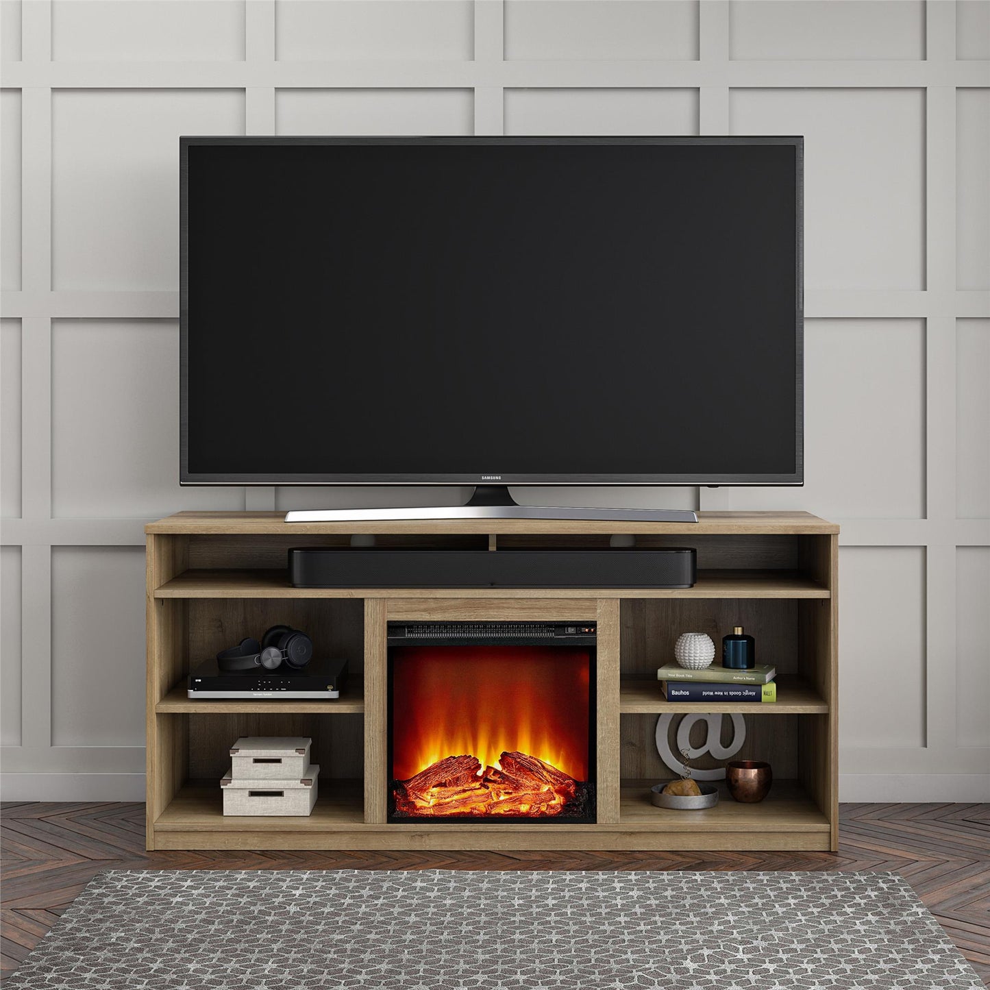 Vesta Fireplace TV Stand for TVs up to 65 Inches with 6 Storage Shelves - Natural