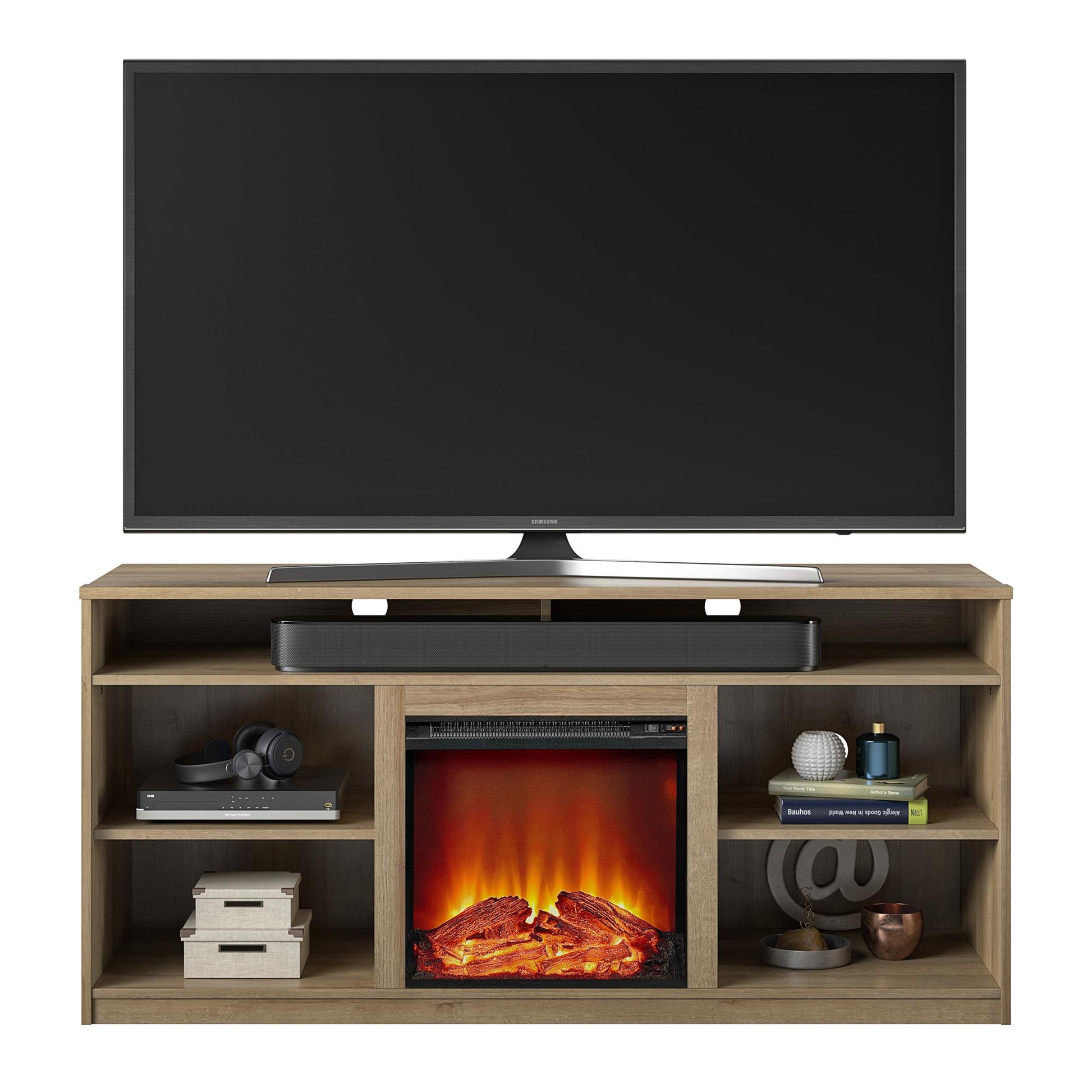Vesta Fireplace TV Stand for TVs up to 65 Inches with 6 Storage Shelves - Natural