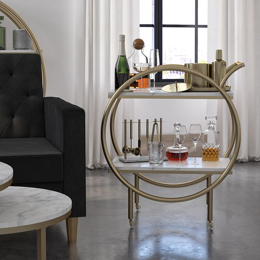 CosmoLiving by Cosmopolitan Amelia Round Bar Cart - White marble