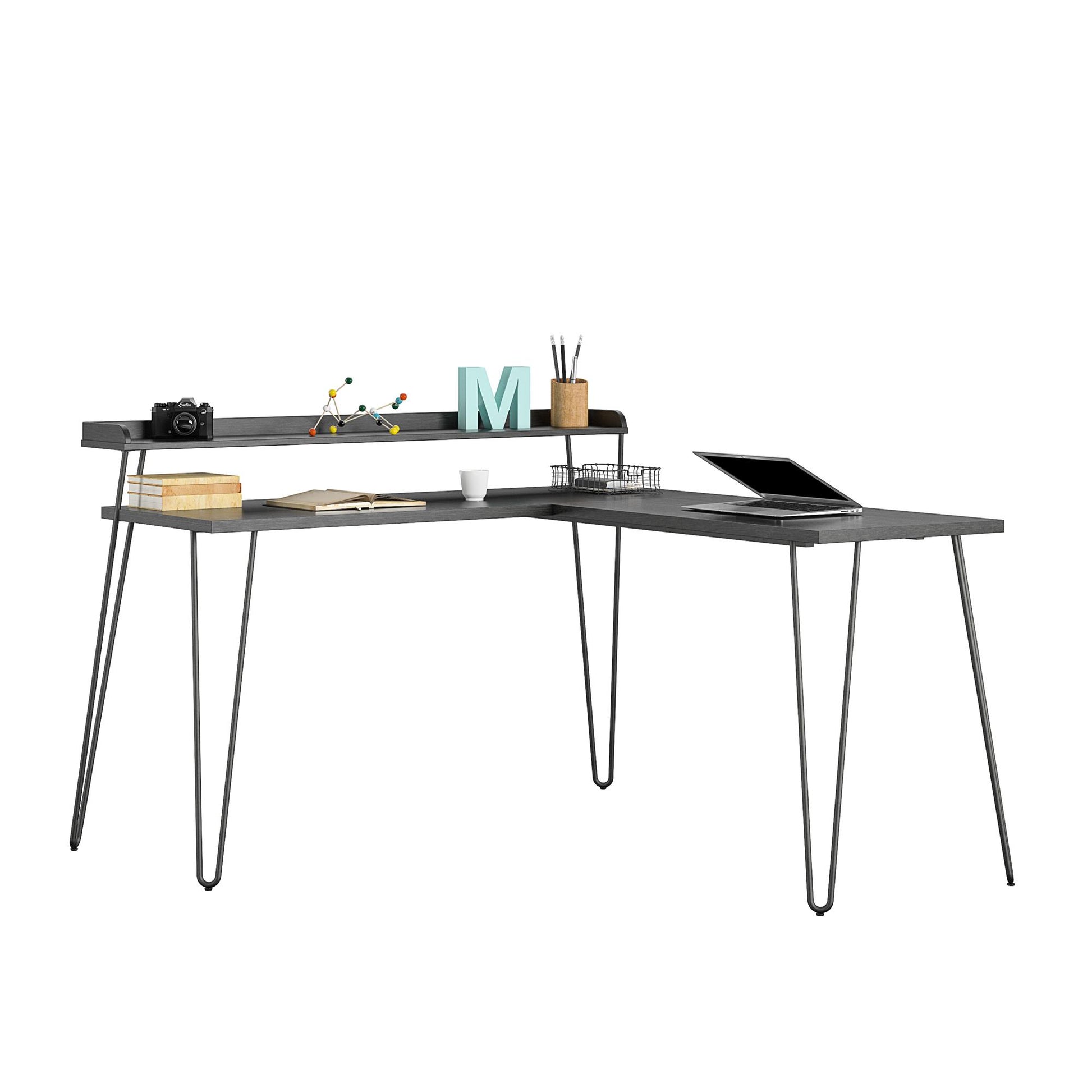 Haven Retro Computer L Desk with Riser and Metal Hairpin Legs - Black Oak