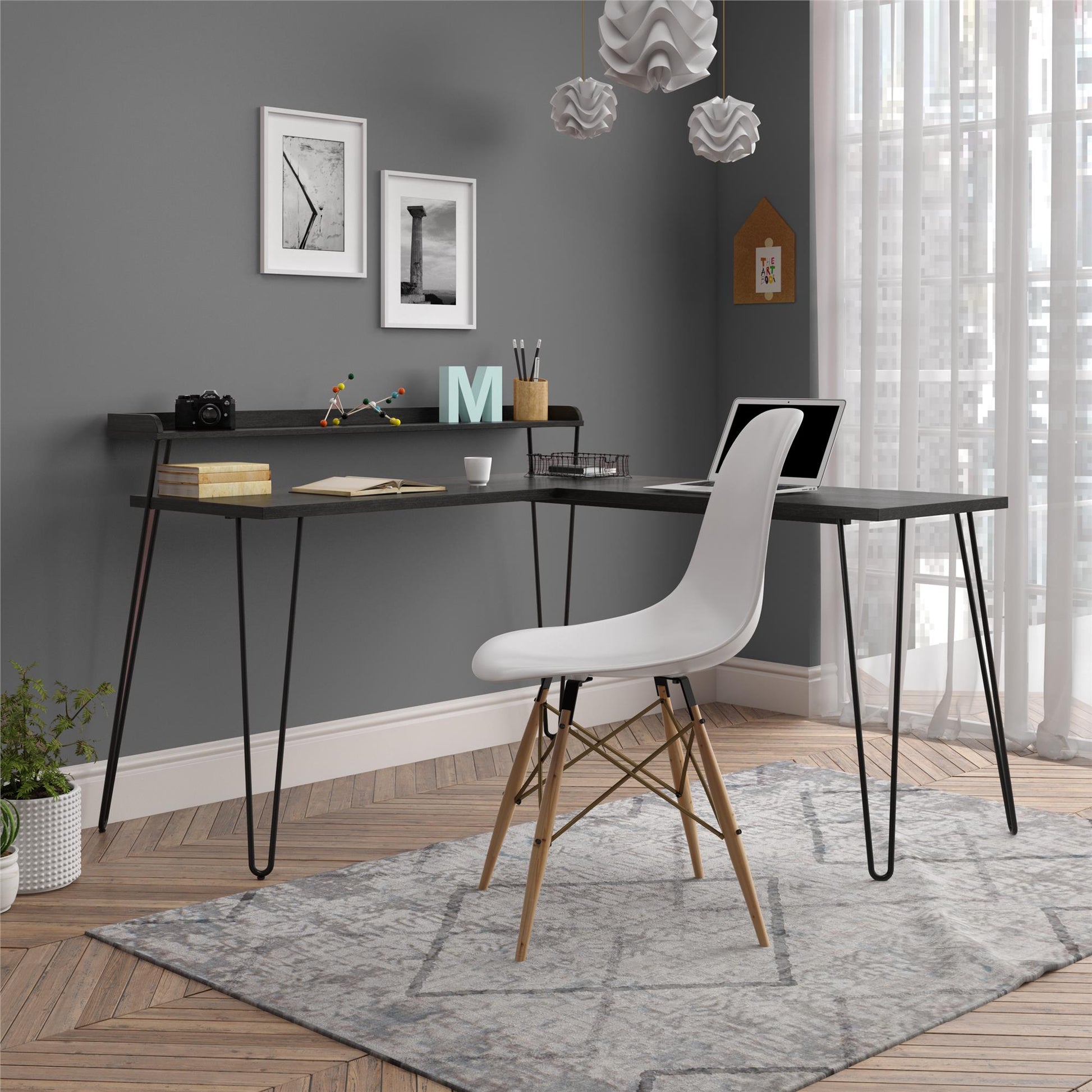 Haven Retro Computer L Desk with Riser and Metal Hairpin Legs - Black Oak