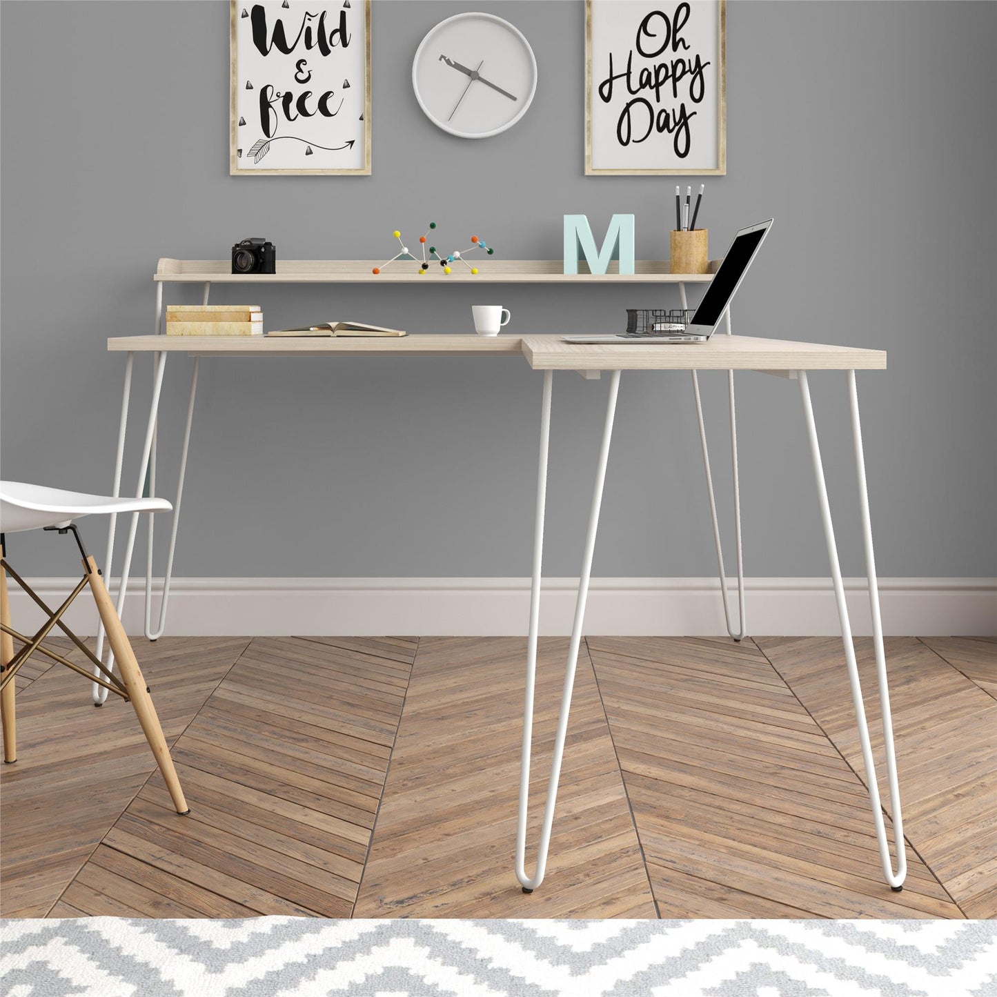 Haven Retro Computer L Desk with Riser and Metal Hairpin Legs - Natural/White