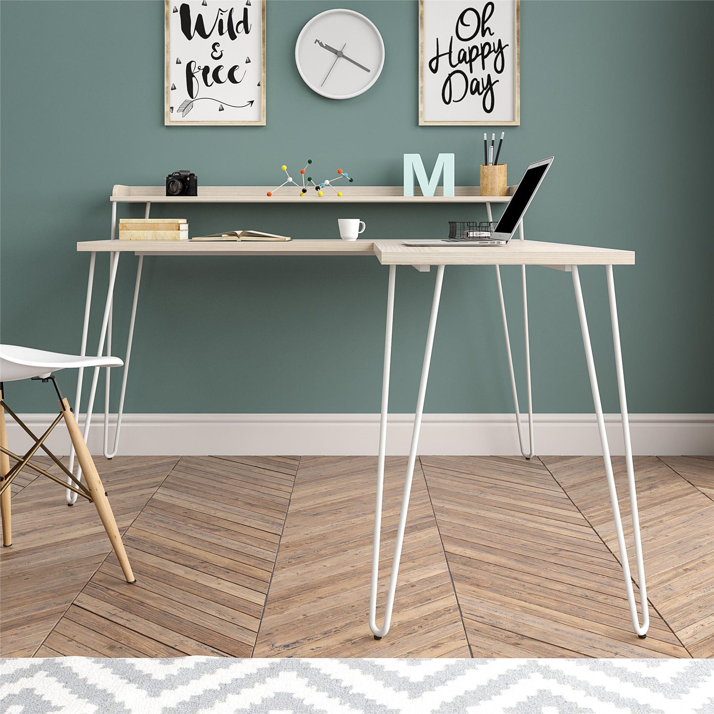 Haven Retro Computer L Desk with Riser and Metal Hairpin Legs - Natural/White