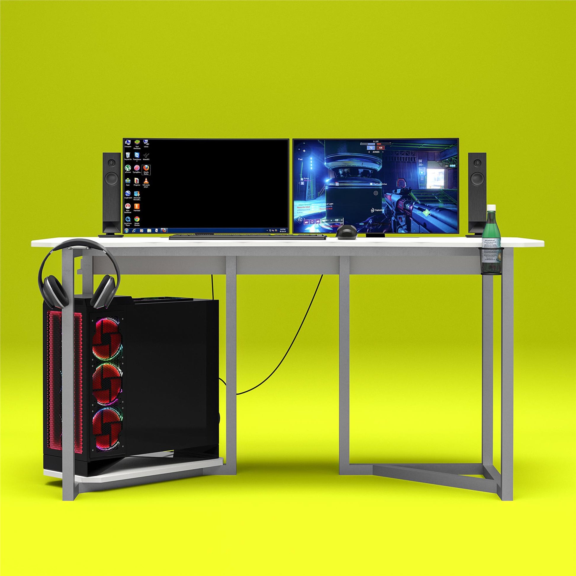 Quest Curved Gaming Desk Workstation with CPU Stand - White