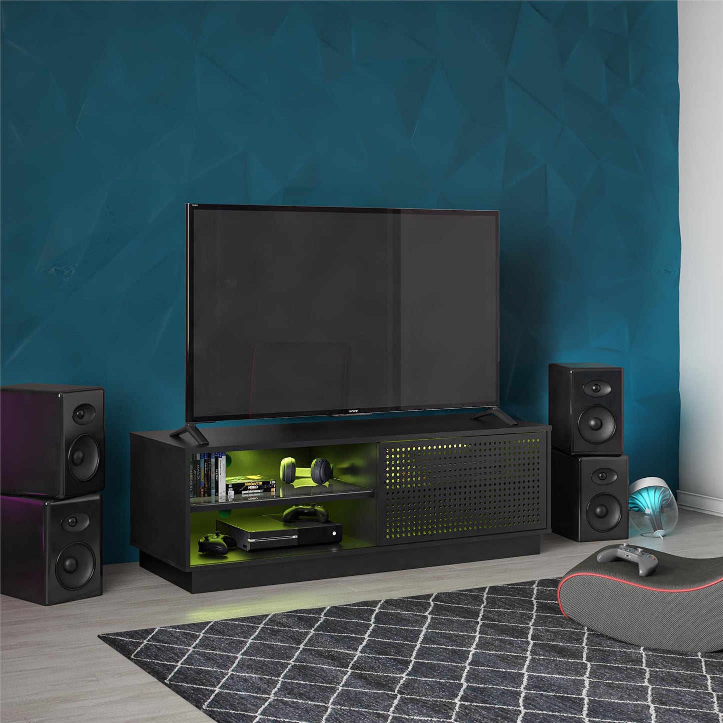 Glitch Gaming TV Stand for TVs up to 60 Inch with LED Lights - Black