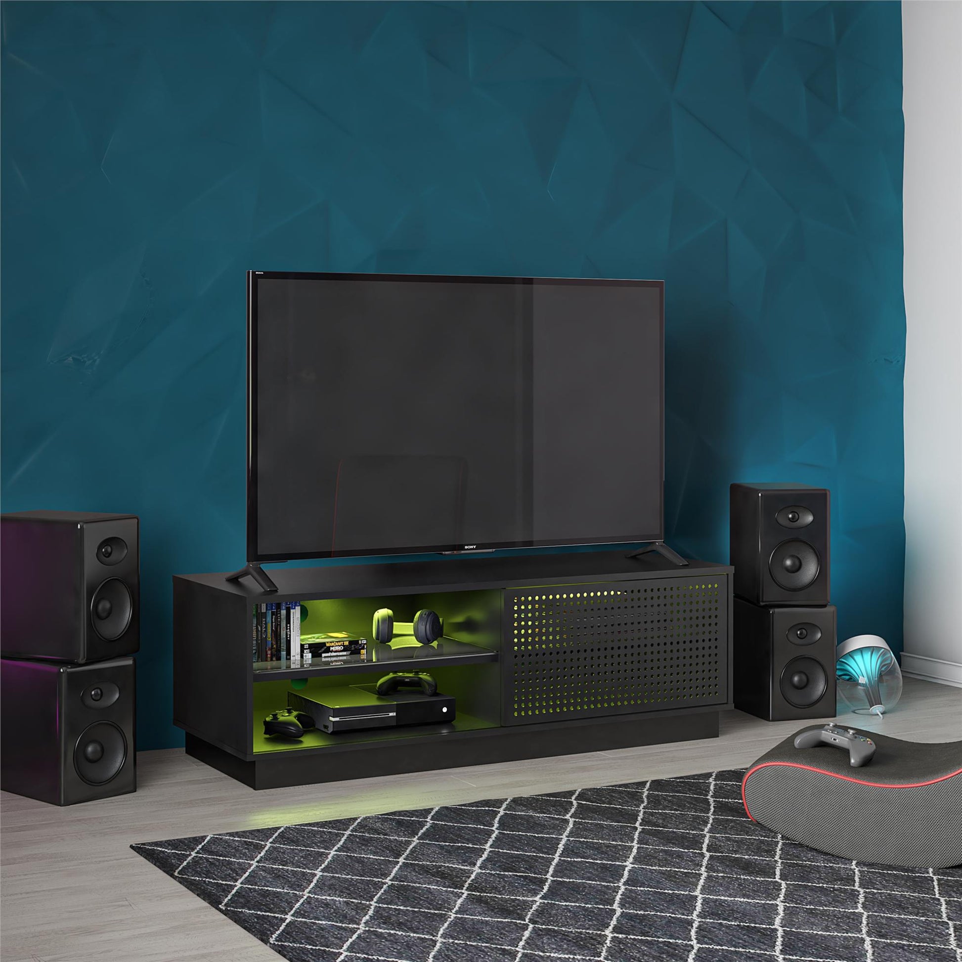 Glitch Gaming TV Stand for TVs up to 60 Inch with LED Lights - Black
