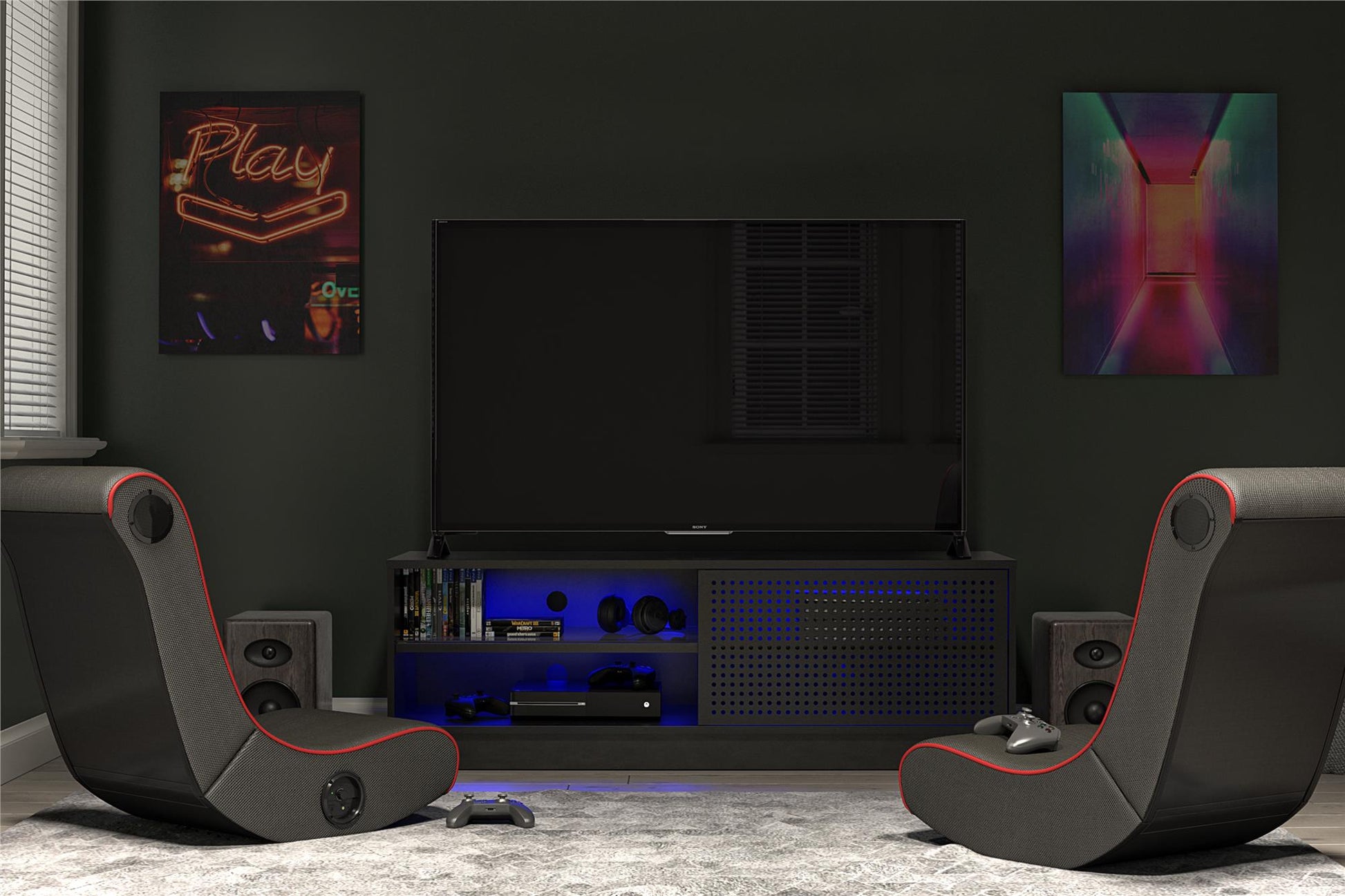 Glitch Gaming TV Stand for TVs up to 60 Inch with LED Lights - Black
