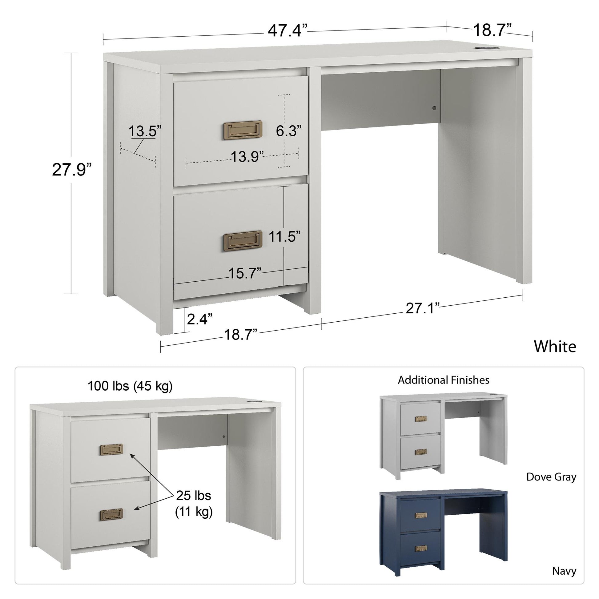 Monarch Hill Haven Single Pedestal Desk with Gold Drawer Pulls - White