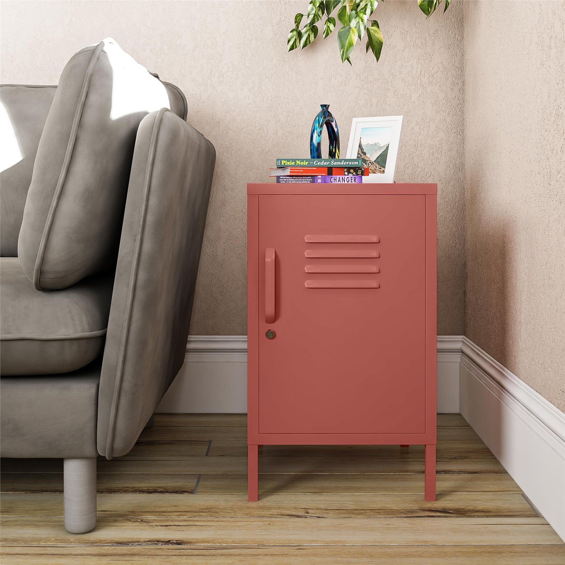 Shadwick Closed Door Metal Locker End Table with 2 Shelves - Pink
