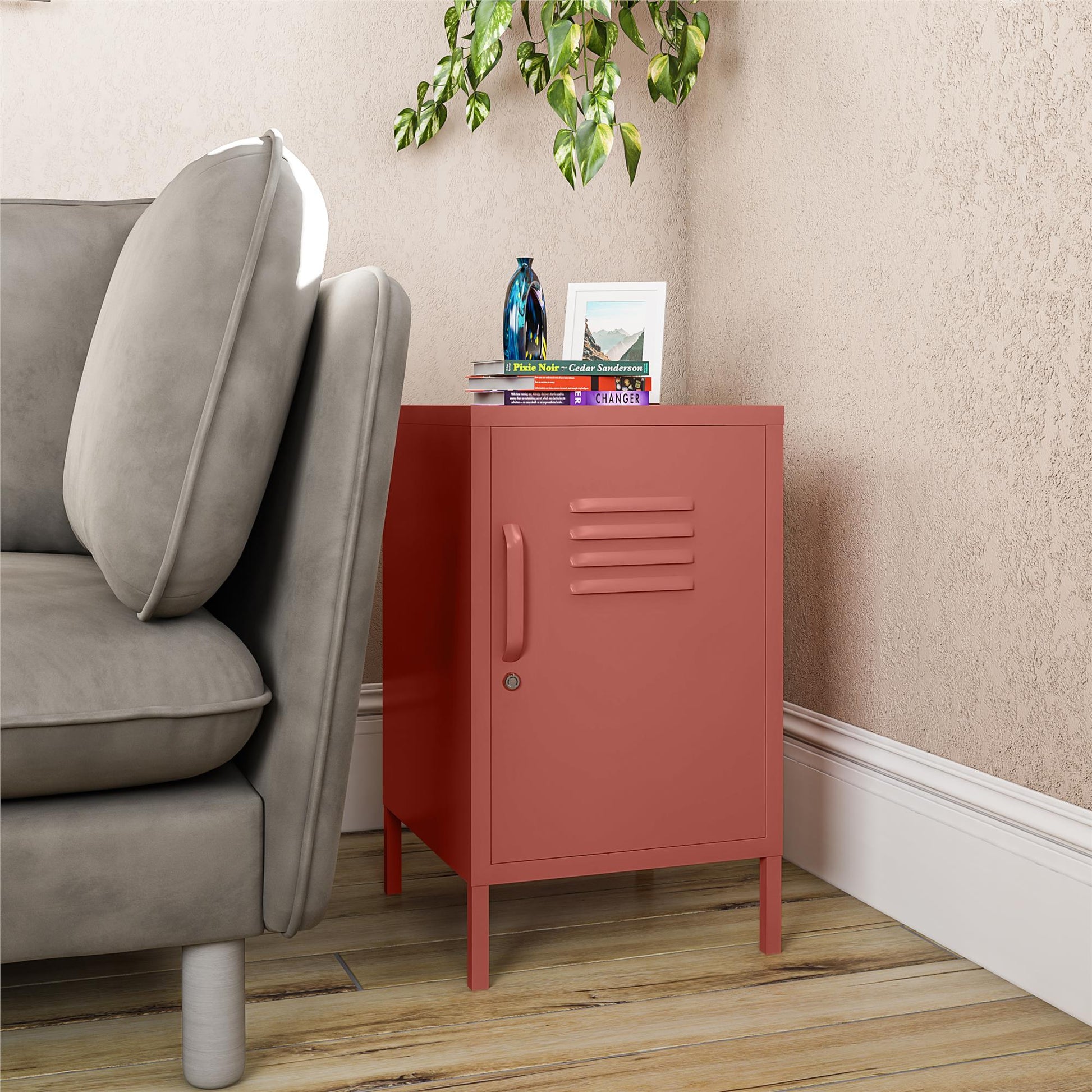 Shadwick Closed Door Metal Locker End Table with 2 Shelves - Terracotta