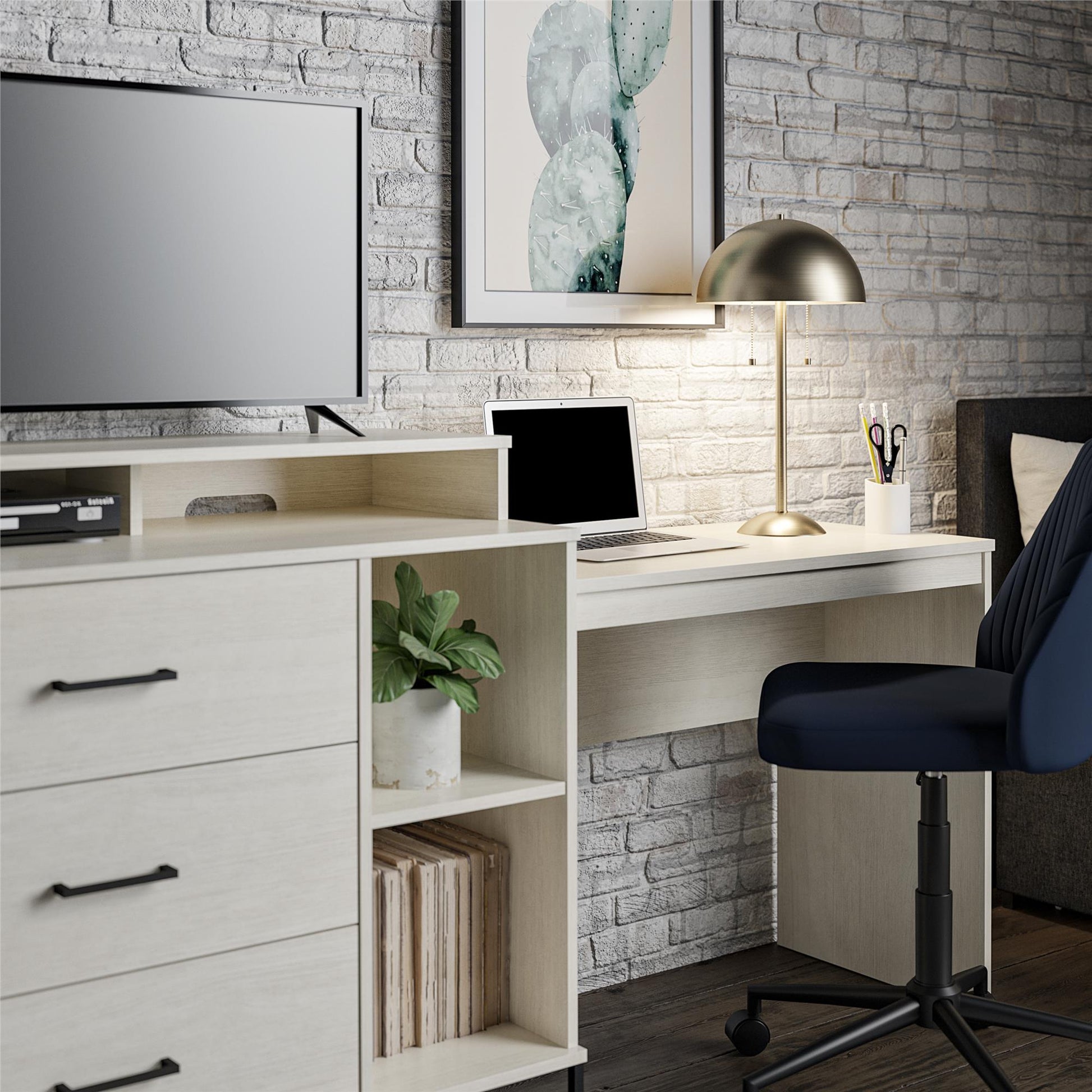 Kelly 3 in 1 Media Dresser and Desk Combo, Ivory Oak - Ivory Oak