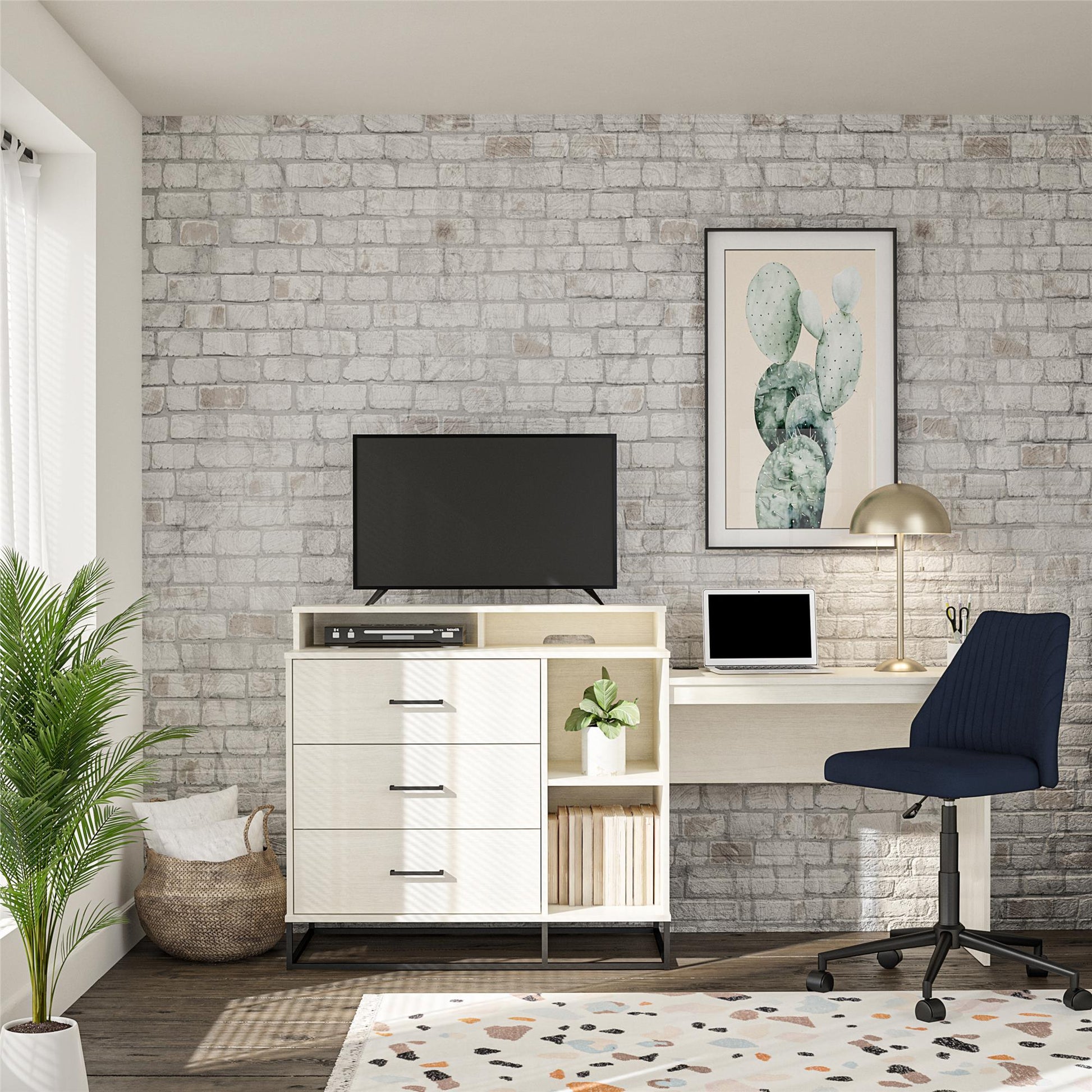 Kelly 3 in 1 Media Dresser and Desk Combo, Ivory Oak - Ivory Oak