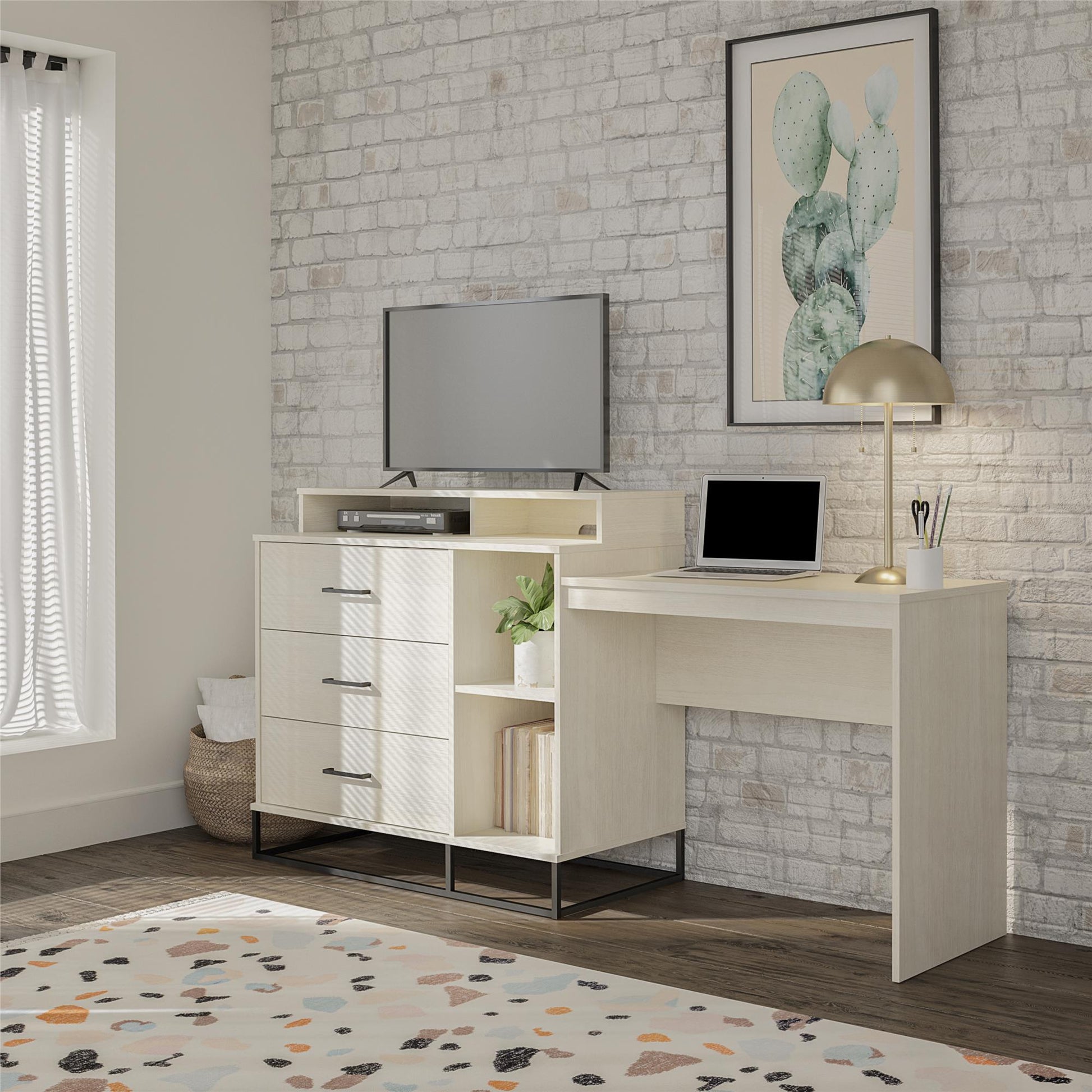 Kelly 3 in 1 Media Dresser and Desk Combo, Ivory Oak - Ivory Oak