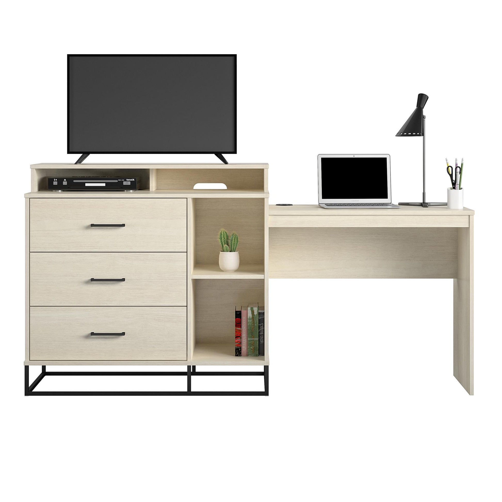 Kelly 3 in 1 Media Dresser and Desk Combo, Ivory Oak - Ivory Oak