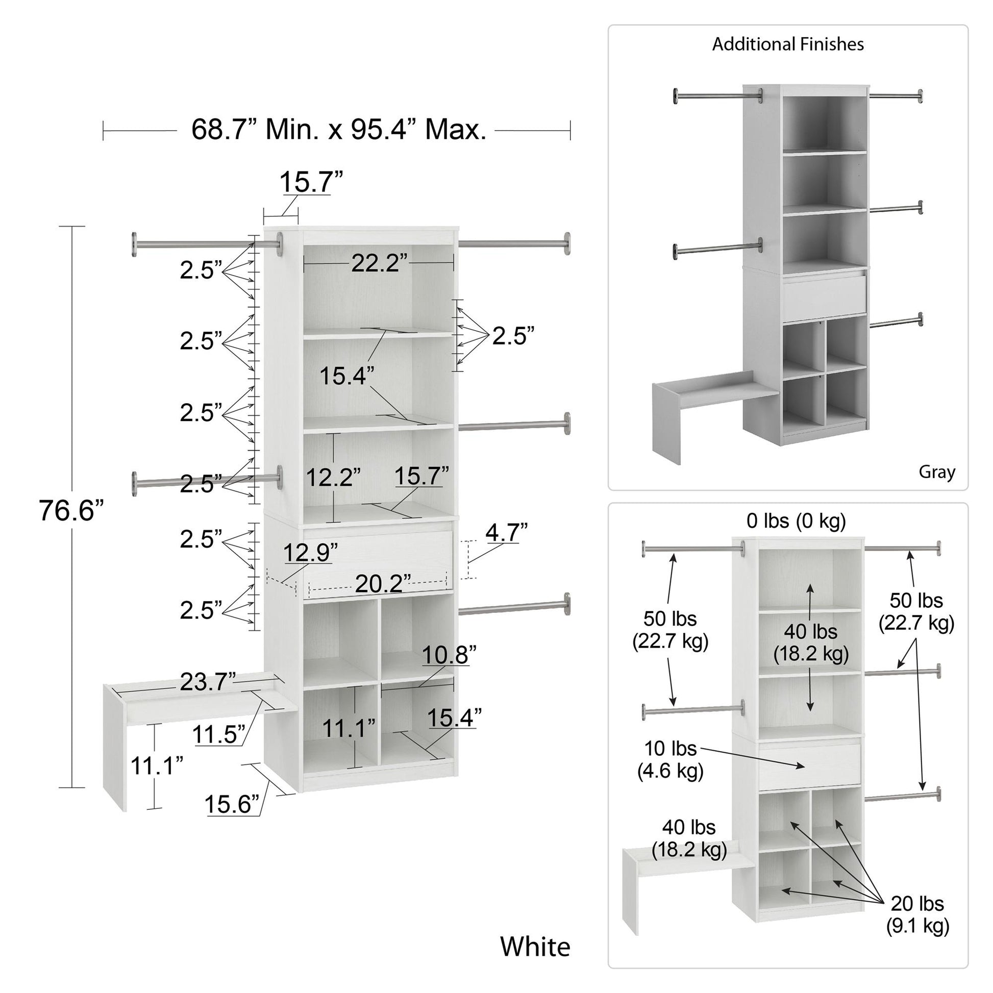 Grow with Me Adjustable Kids’ Closet Organizer System with Adjustable Poles - White