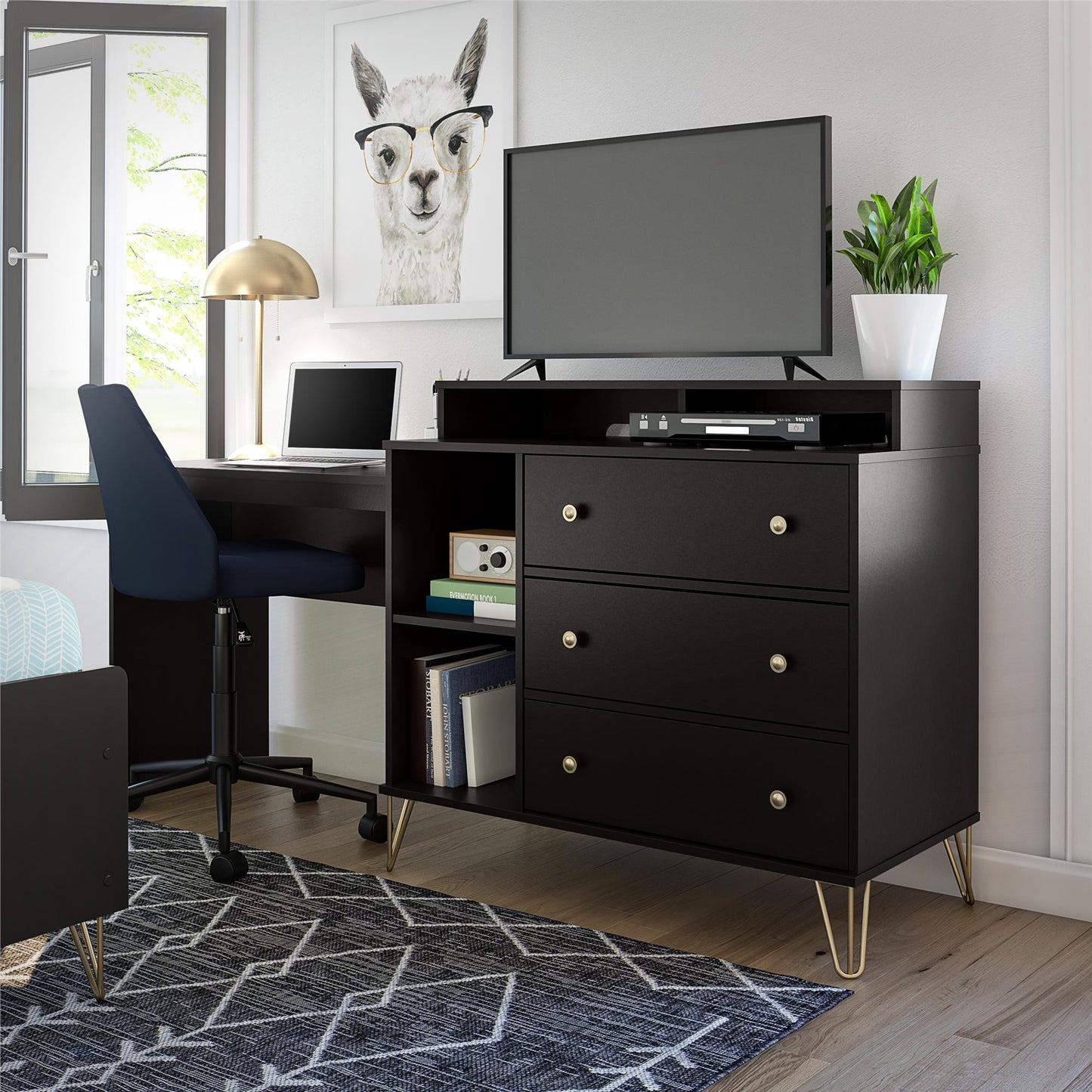 Owen 3 in 1 Media Dresser and Desk Combo, Black - Black