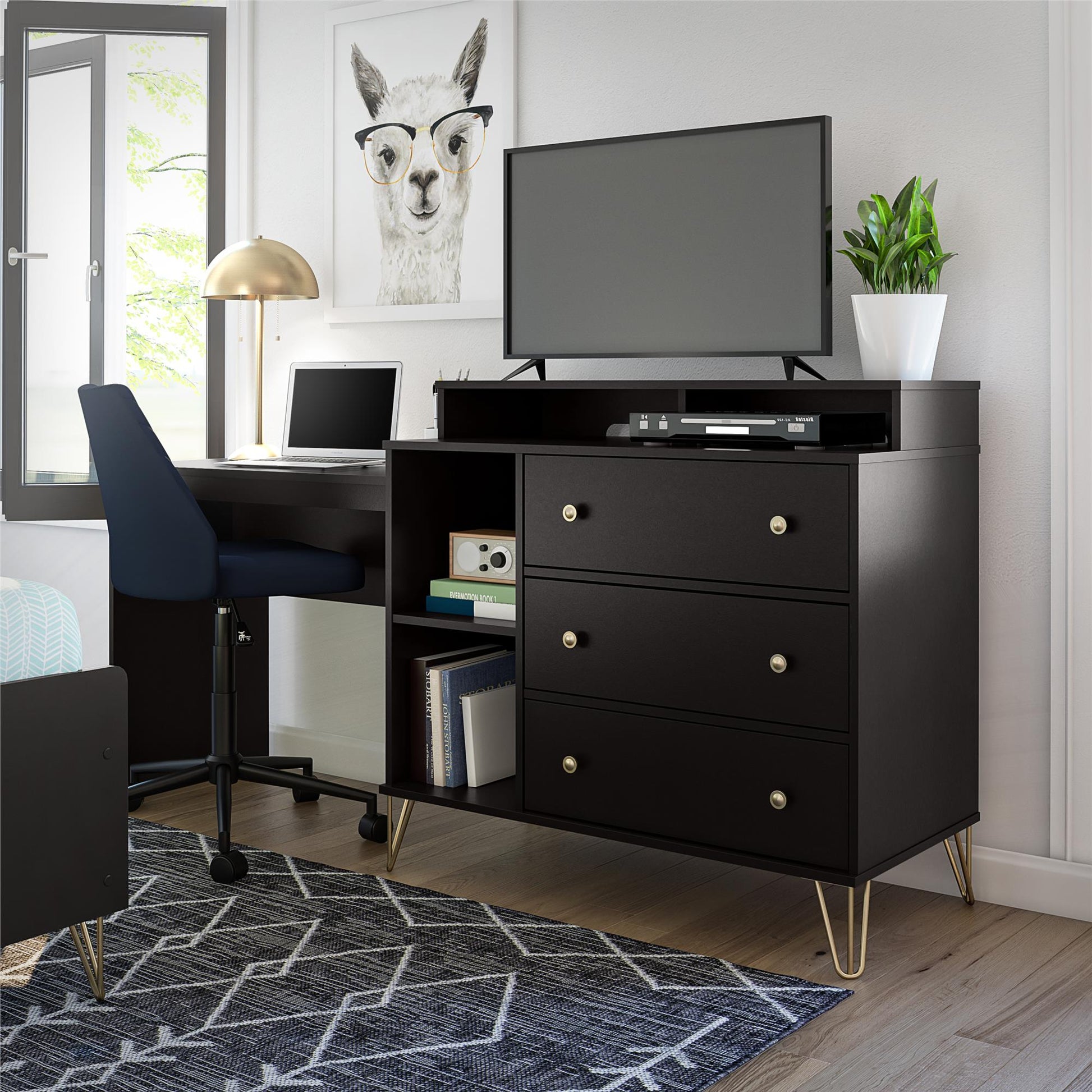Owen 3 in 1 Media Dresser and Desk Combo, Black - Black