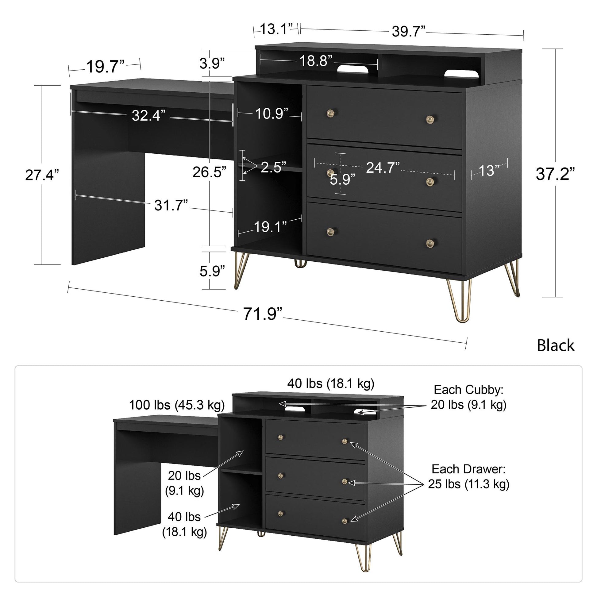 Owen 3 in 1 Media Dresser and Desk Combo, Black - Black