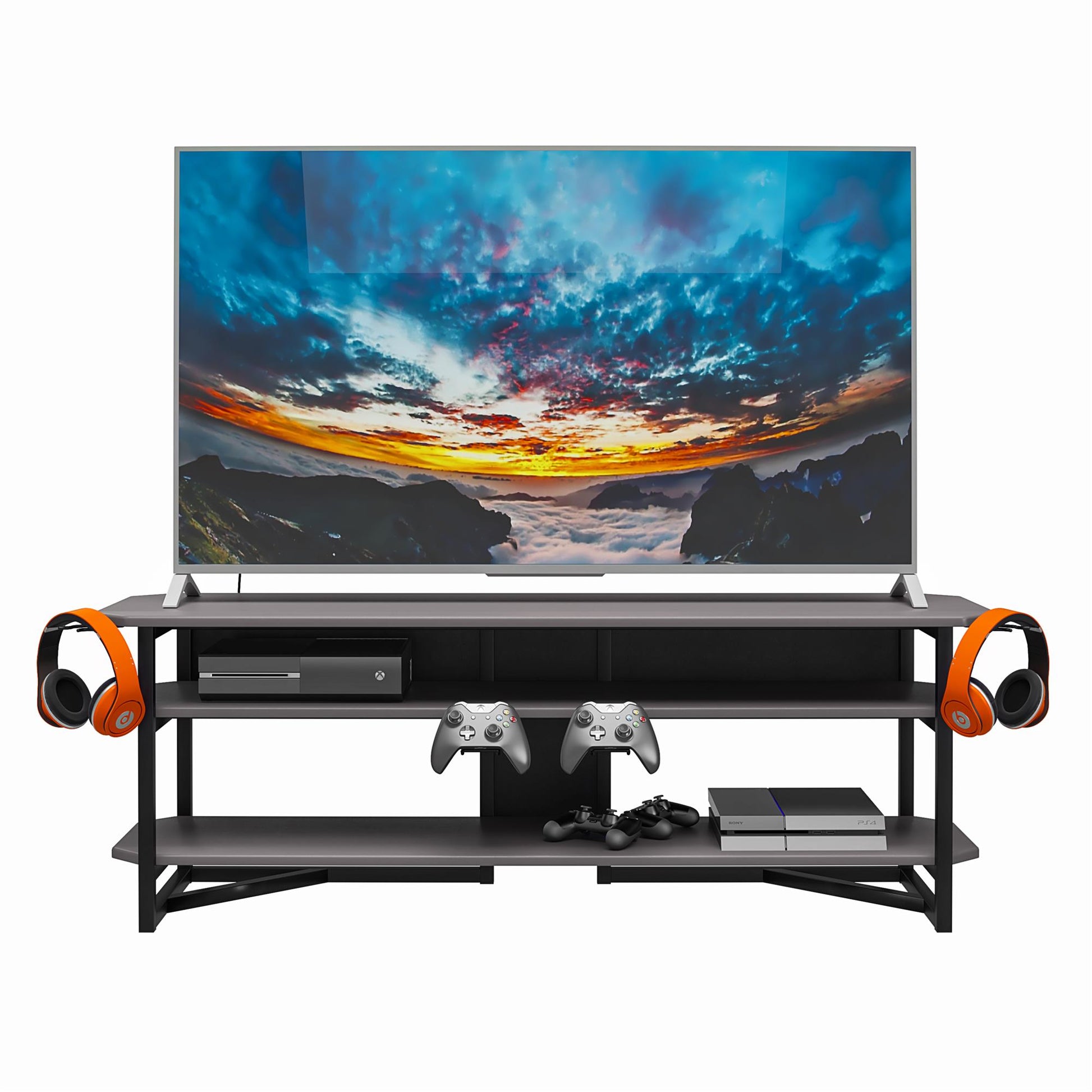 Quest Two-Tier Gaming TV Stand for TVs up to 65 Inches with Controller Holder - Gray