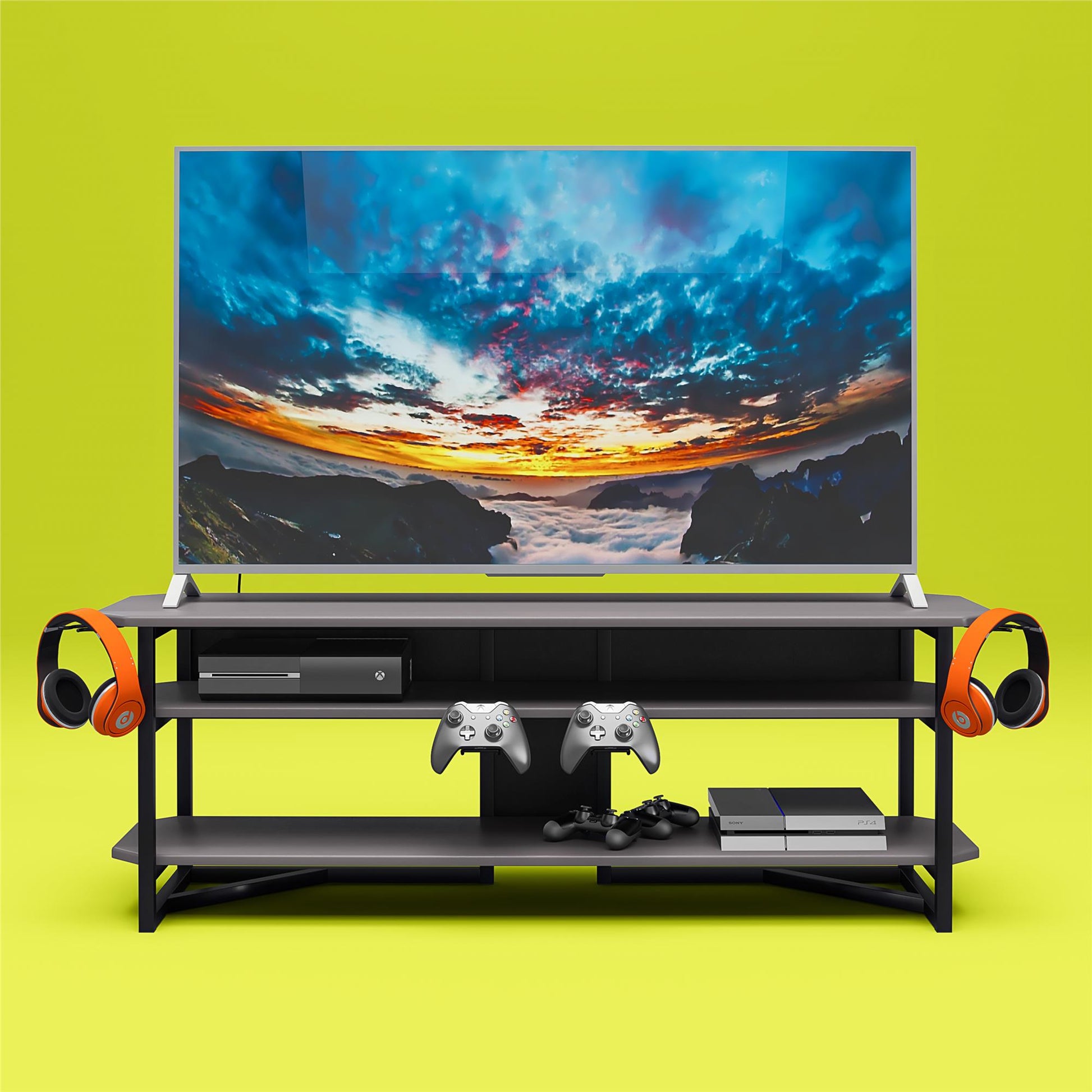 Quest Two-Tier Gaming TV Stand for TVs up to 65 Inches with Controller Holder - Gray