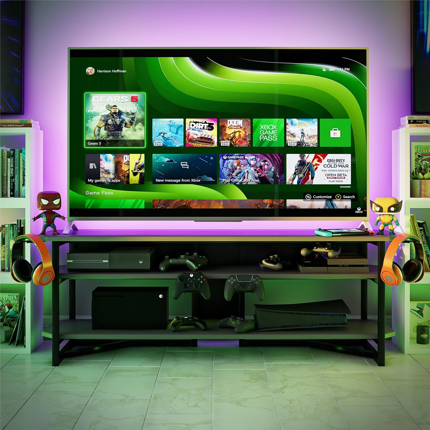 Quest Two-Tier Gaming TV Stand for TVs up to 65 Inches with Controller Holder - Gray