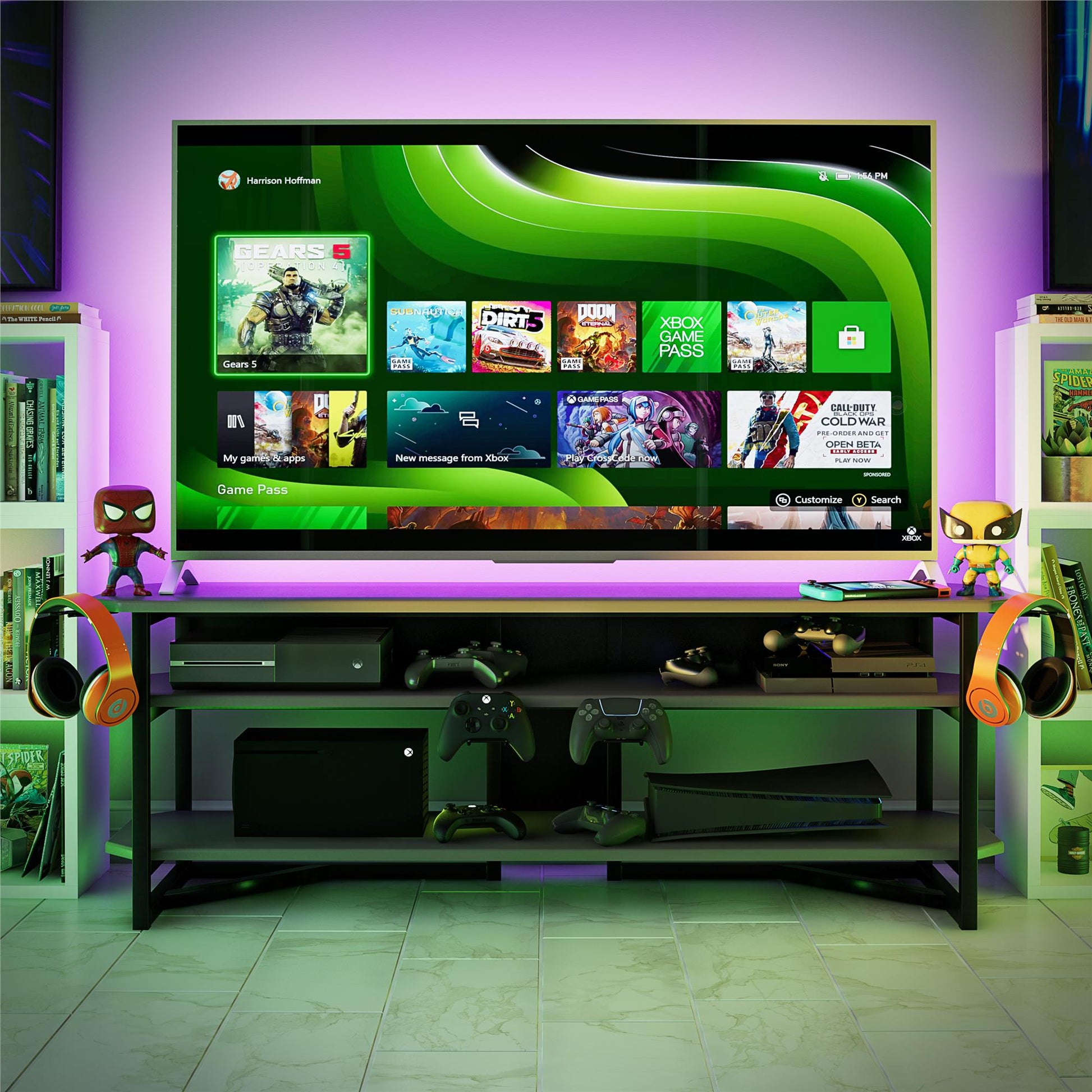 Quest Two-Tier Gaming TV Stand for TVs up to 65 Inches with Controller Holder - Gray