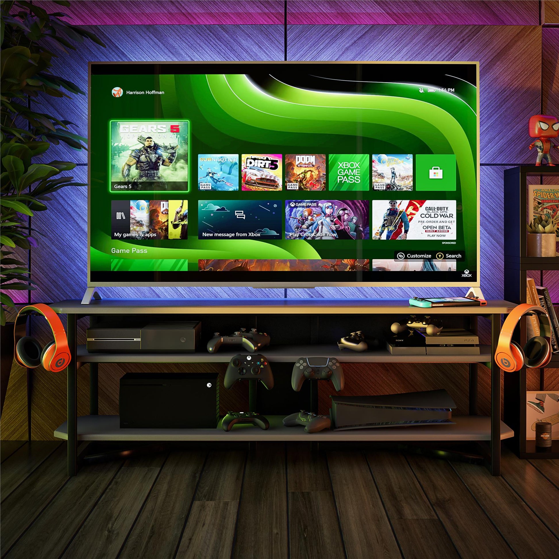 Quest Two-Tier Gaming TV Stand for TVs up to 65 Inches with Controller Holder - Gray
