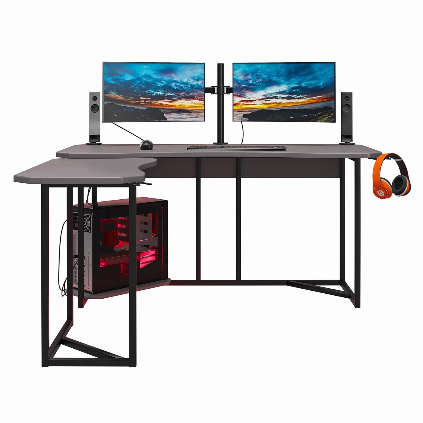Quest Gaming Reversible L Desk with CPU Stand and Wire Management System - Gray