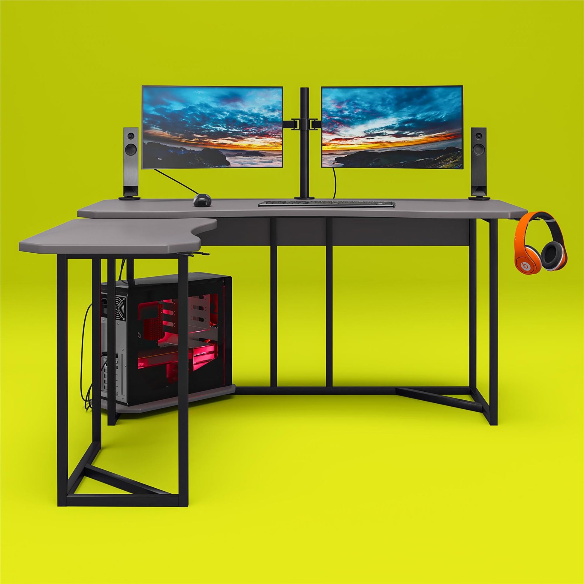 Quest Gaming Reversible L Desk with CPU Stand and Wire Management System - Gray