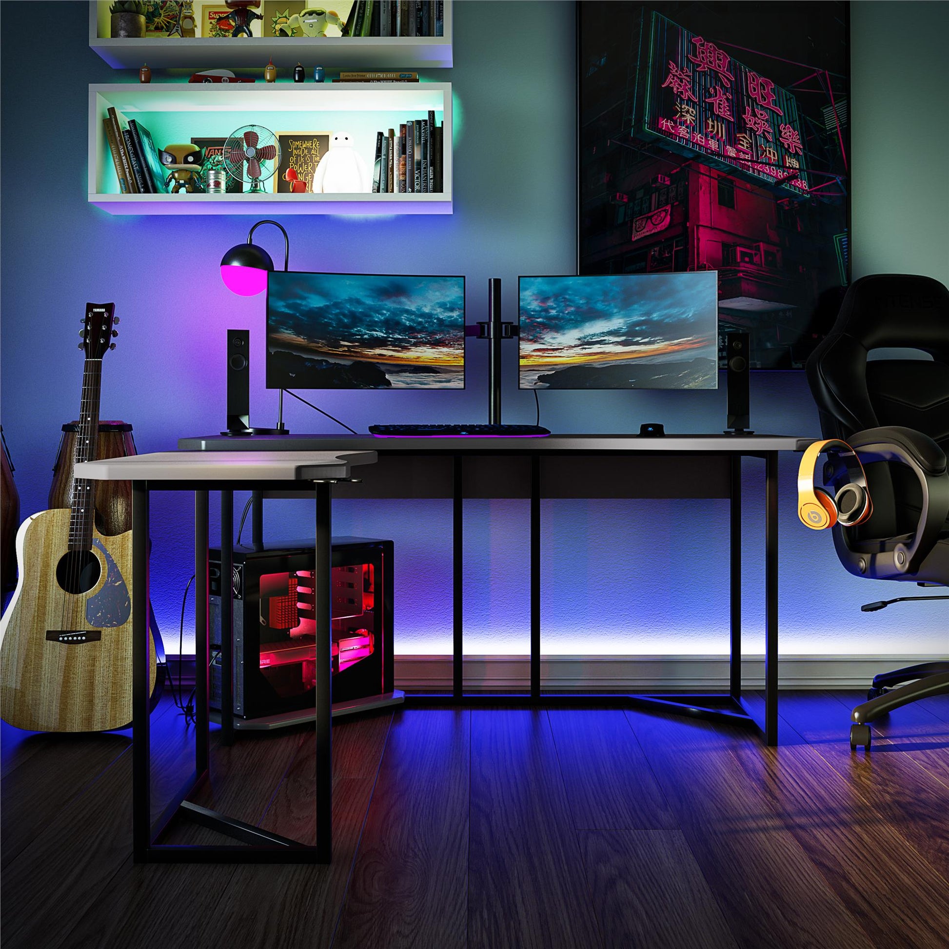 Quest Gaming Reversible L Desk with CPU Stand and Wire Management System - White