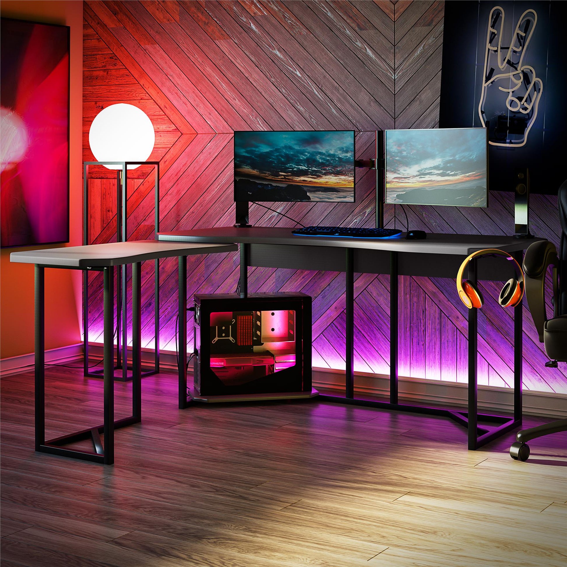 Quest Gaming Reversible L Desk with CPU Stand and Wire Management System - Gray