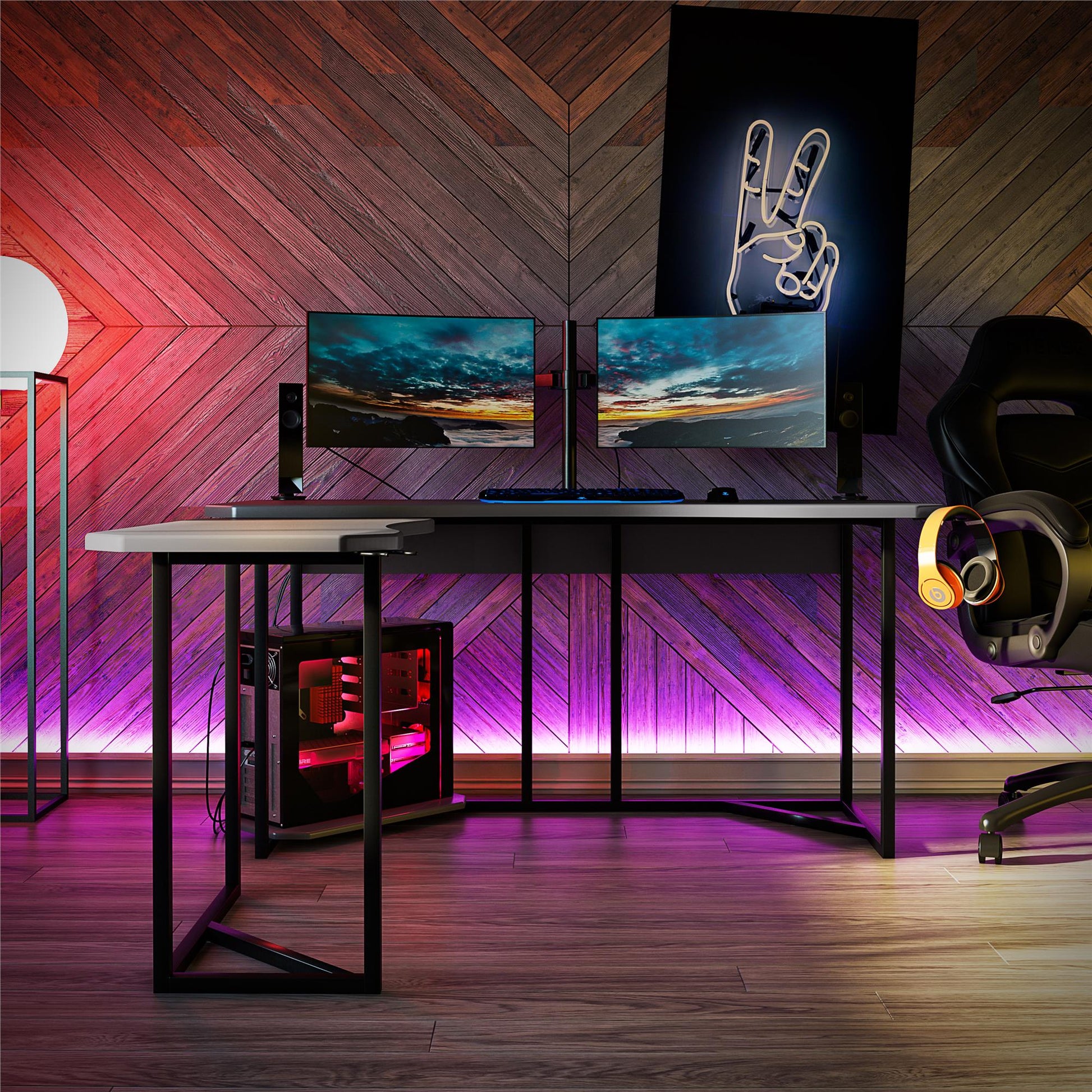 Quest Gaming Reversible L Desk with CPU Stand and Wire Management System - Gray