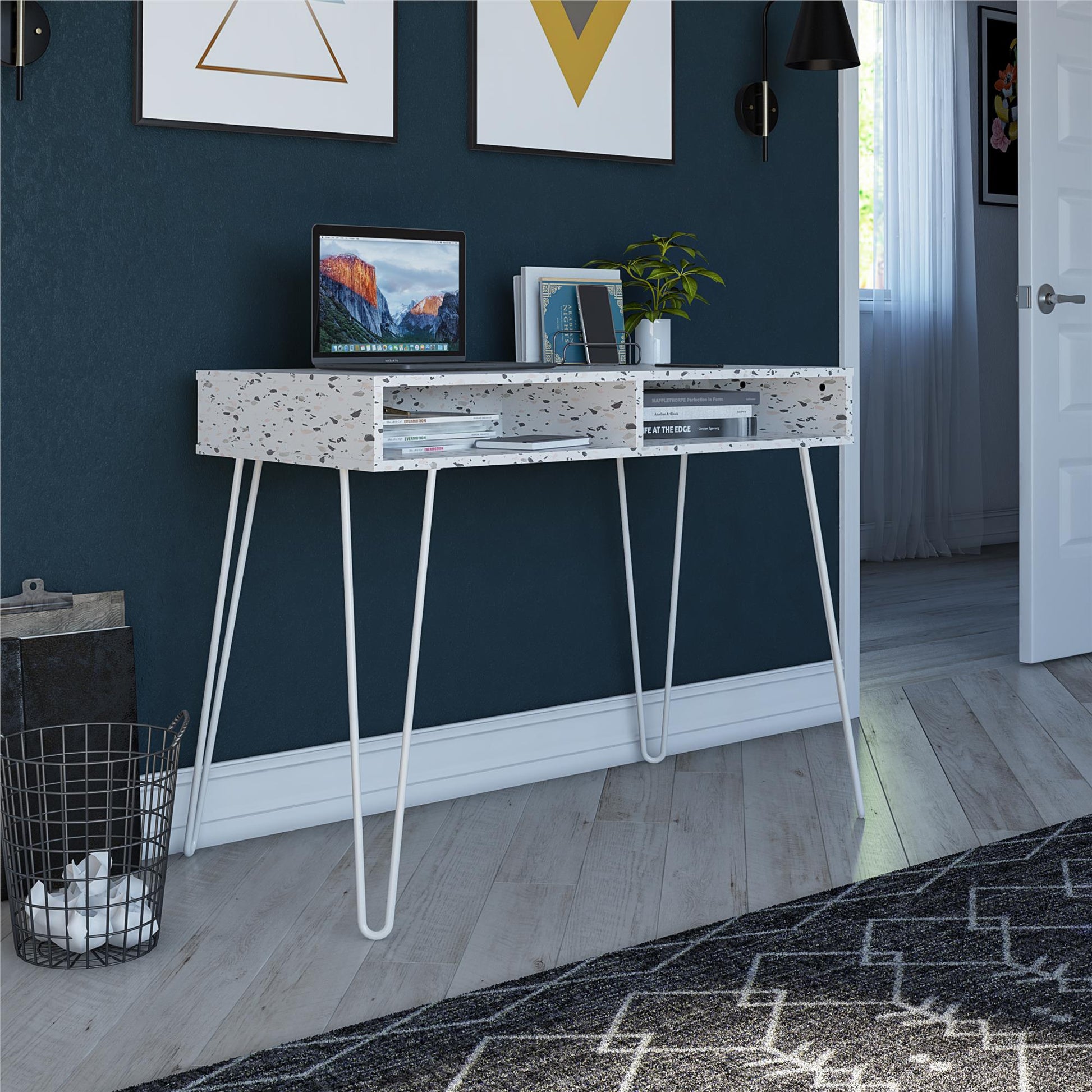 Athena Computer Desk with Storage - White marble