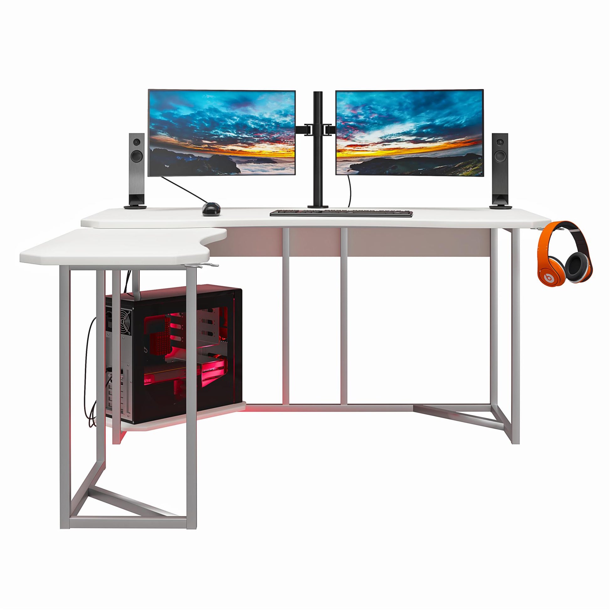 Quest Gaming Reversible L Desk with CPU Stand and Wire Management System - White