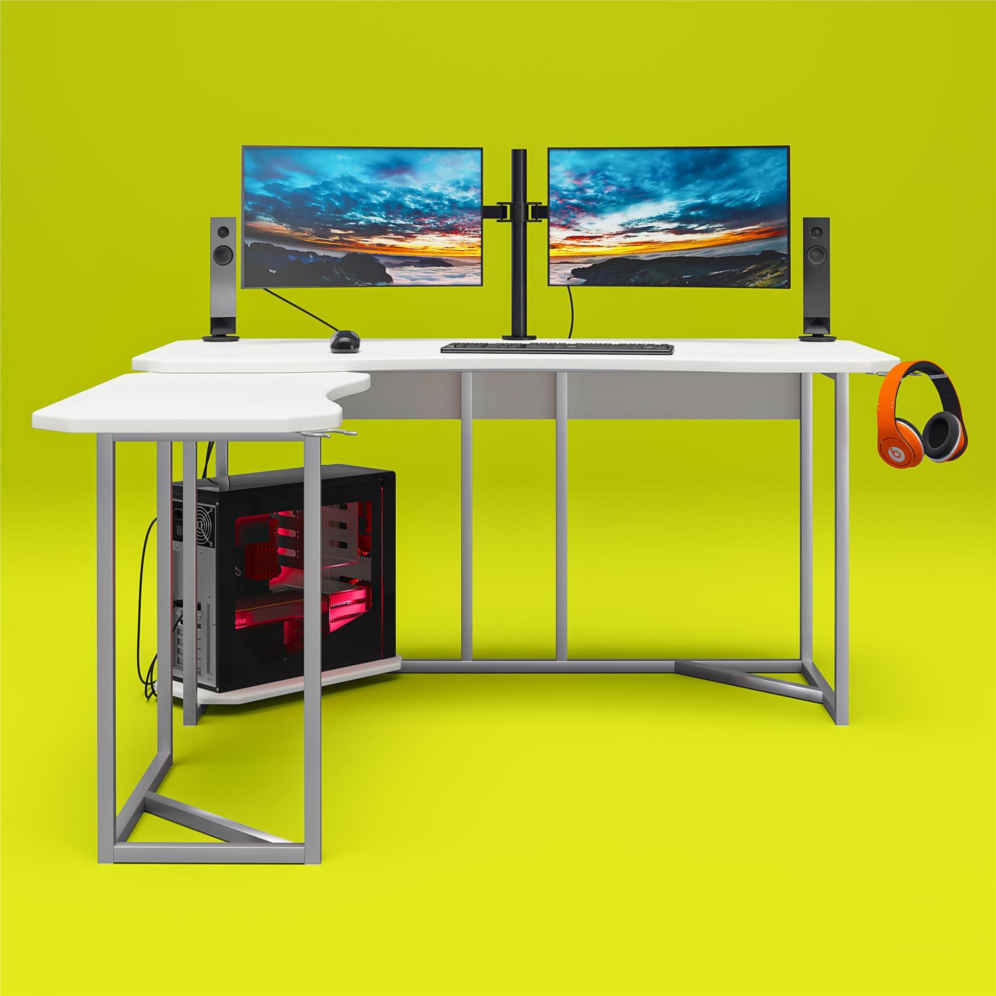 Quest Gaming Reversible L Desk with CPU Stand and Wire Management System - White