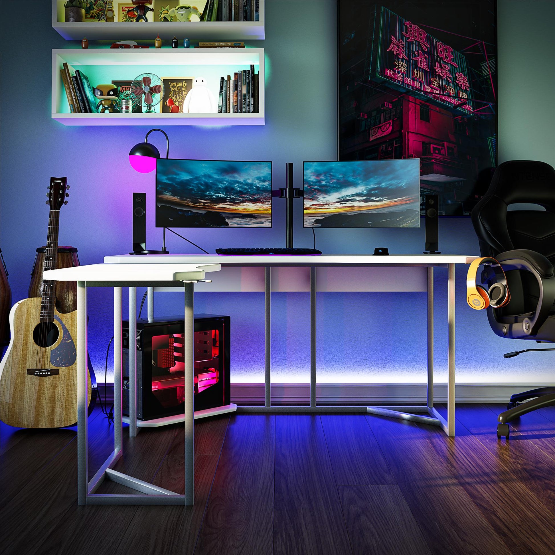 Quest Gaming Reversible L Desk with CPU Stand and Wire Management System - White