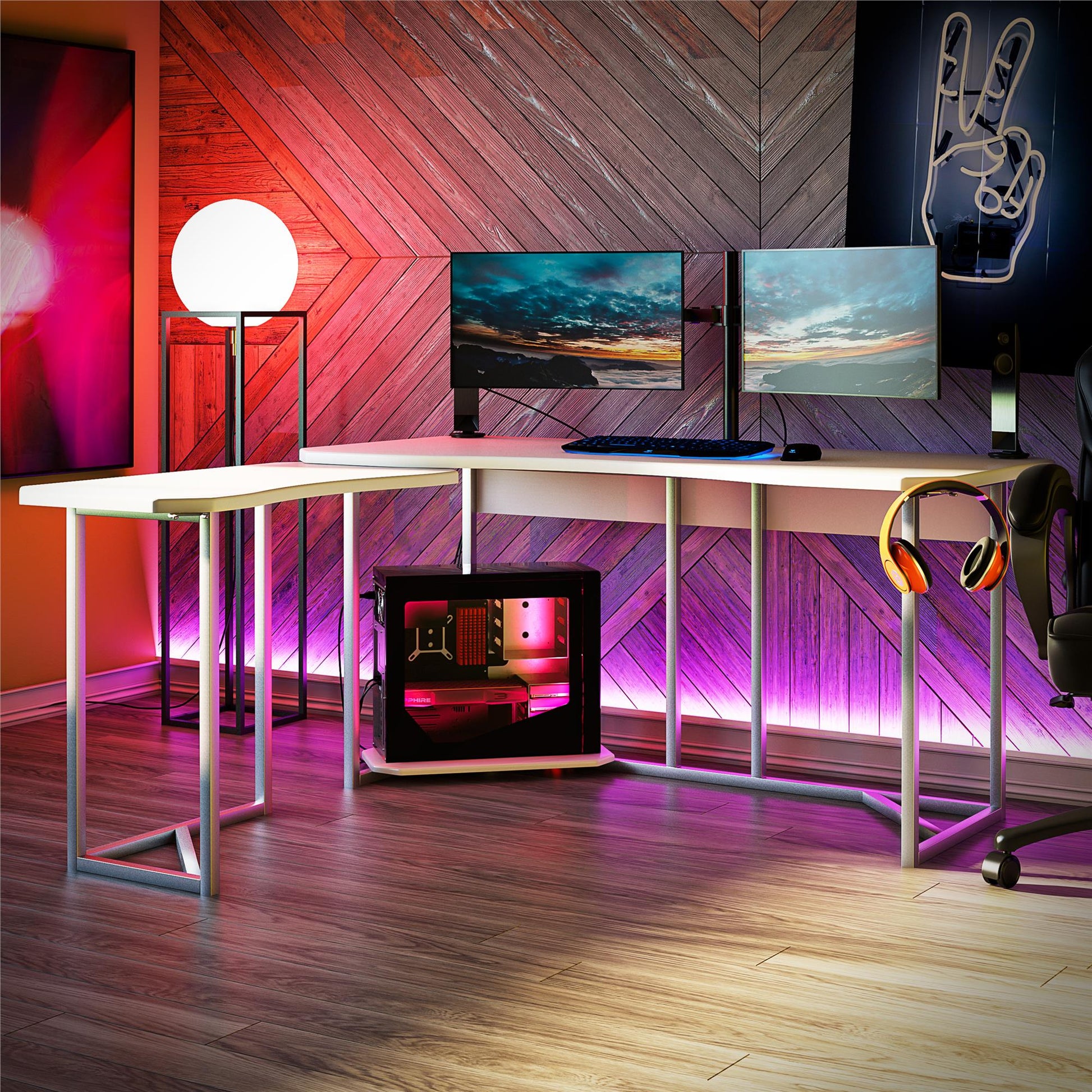 Quest Gaming Reversible L Desk with CPU Stand and Wire Management System - White