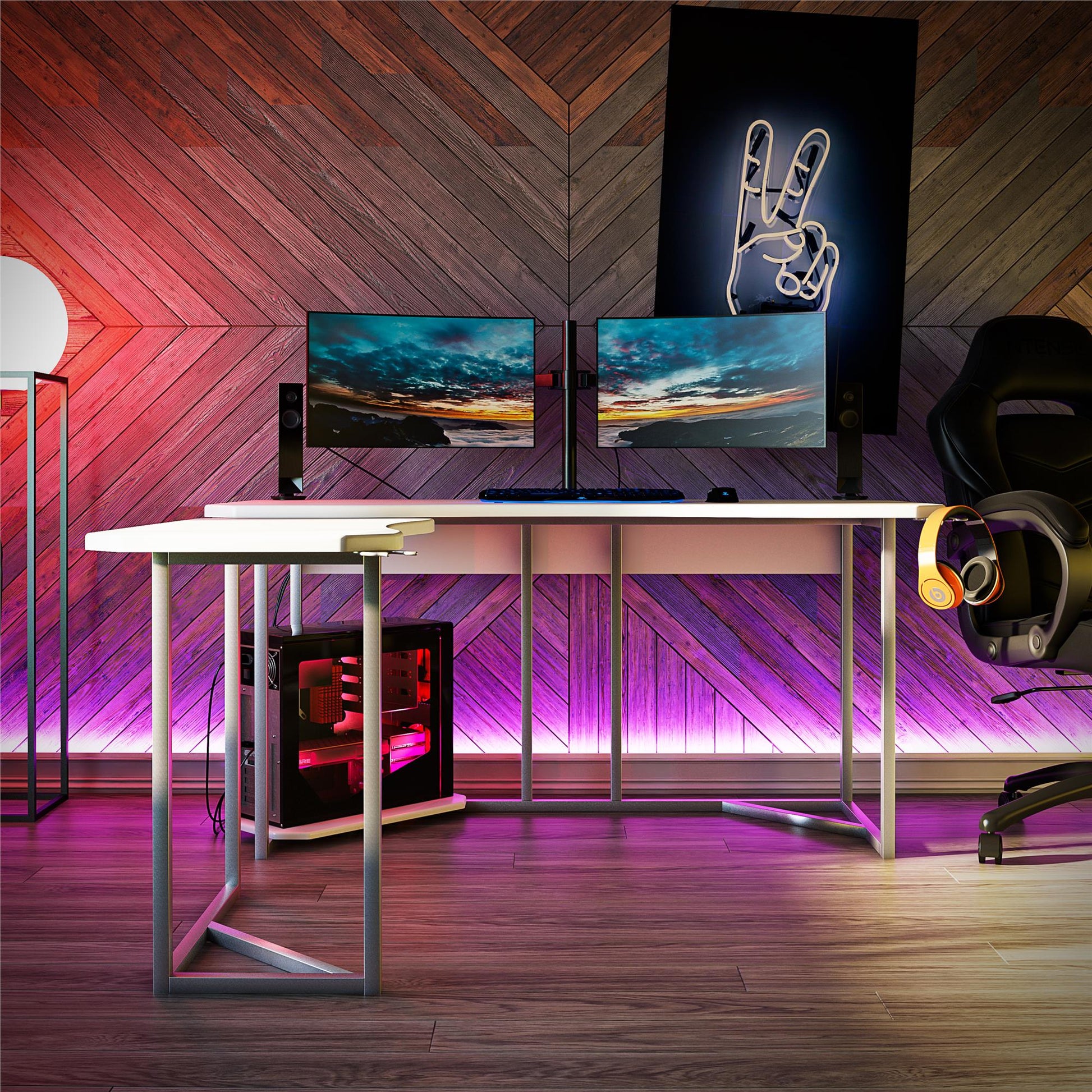 Quest Gaming Reversible L Desk with CPU Stand and Wire Management System - White