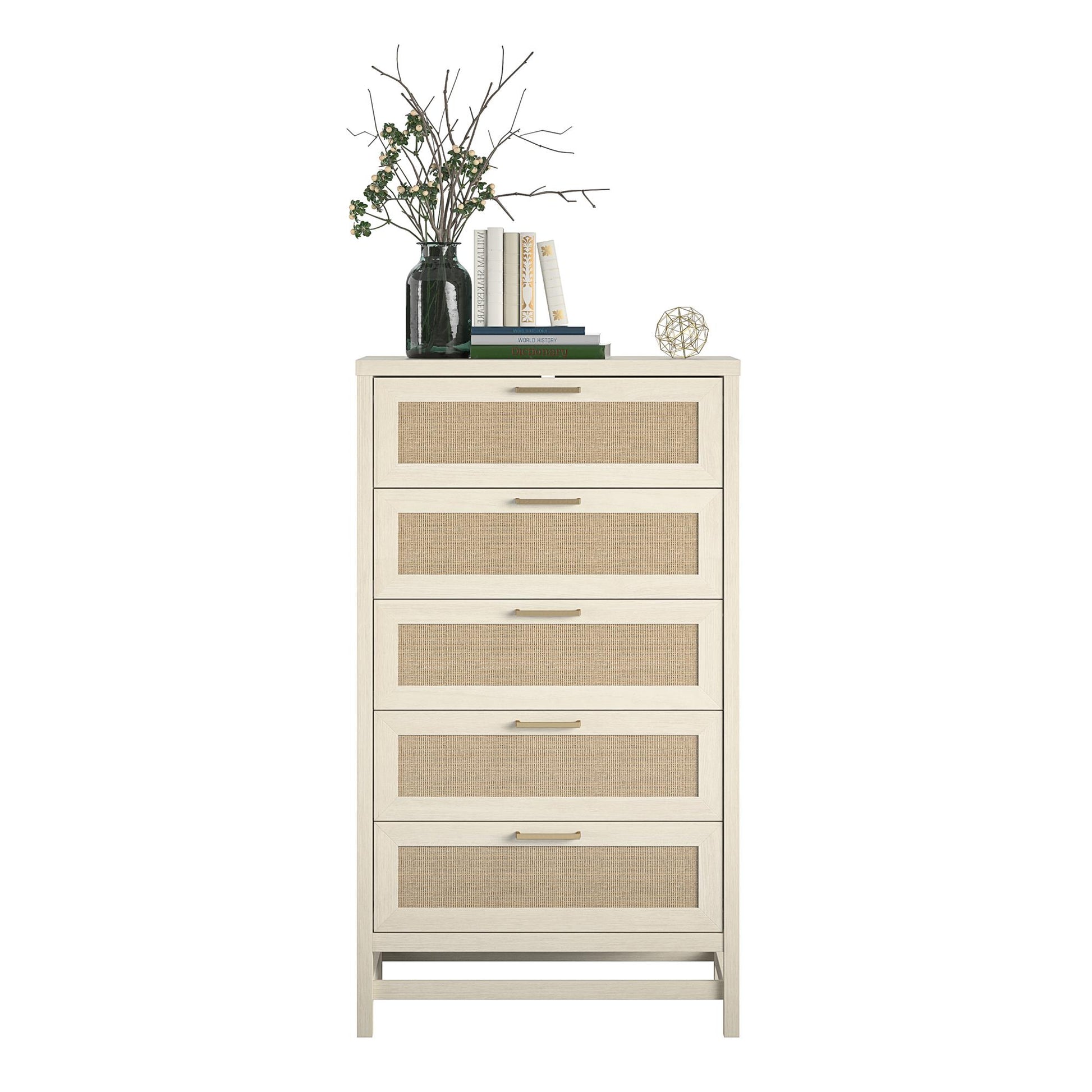 Lennon 5 Drawer Dresser with Faux Rattan and Gold Metal Handles - Ivory Oak