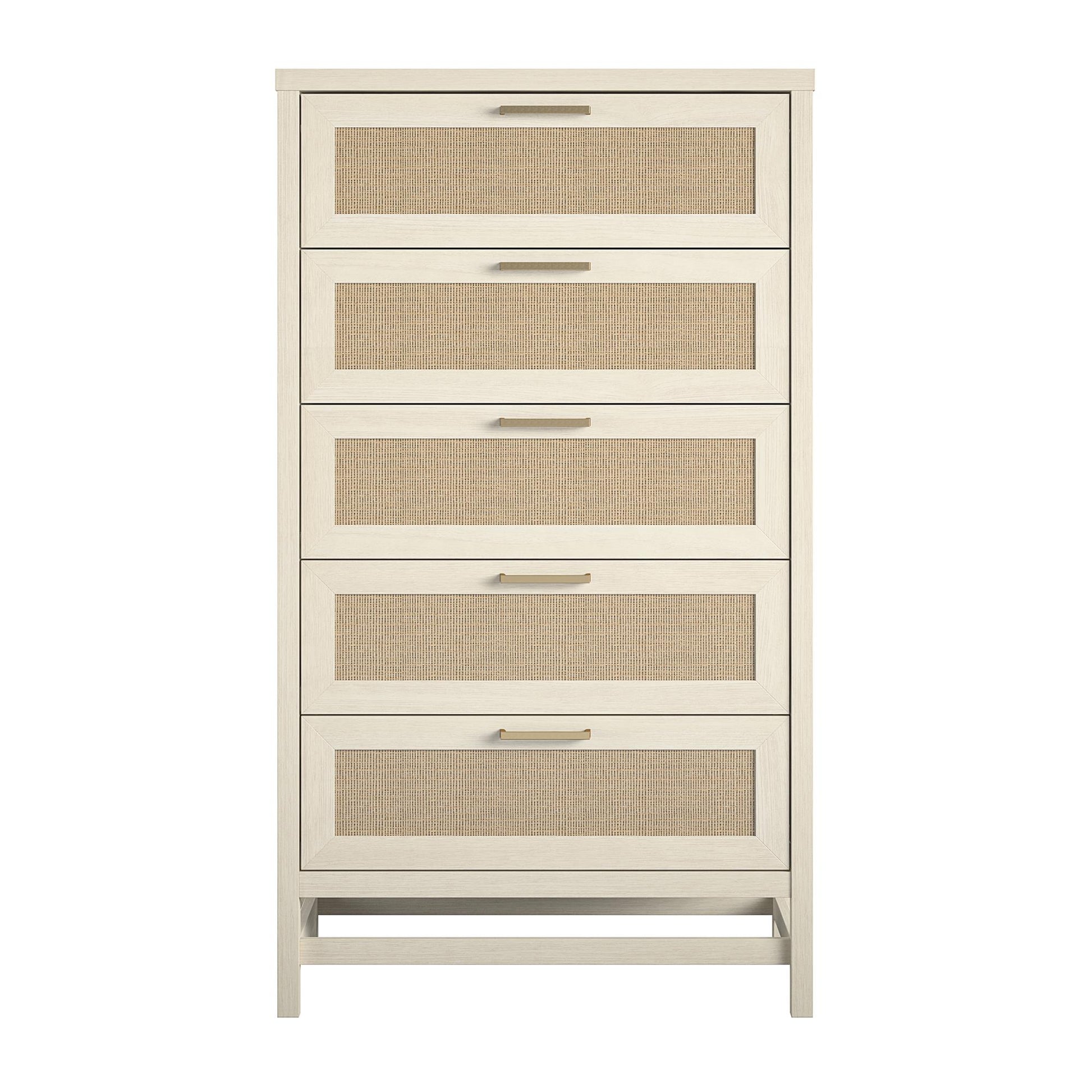 Lennon 5 Drawer Dresser with Faux Rattan and Gold Metal Handles - Ivory Oak