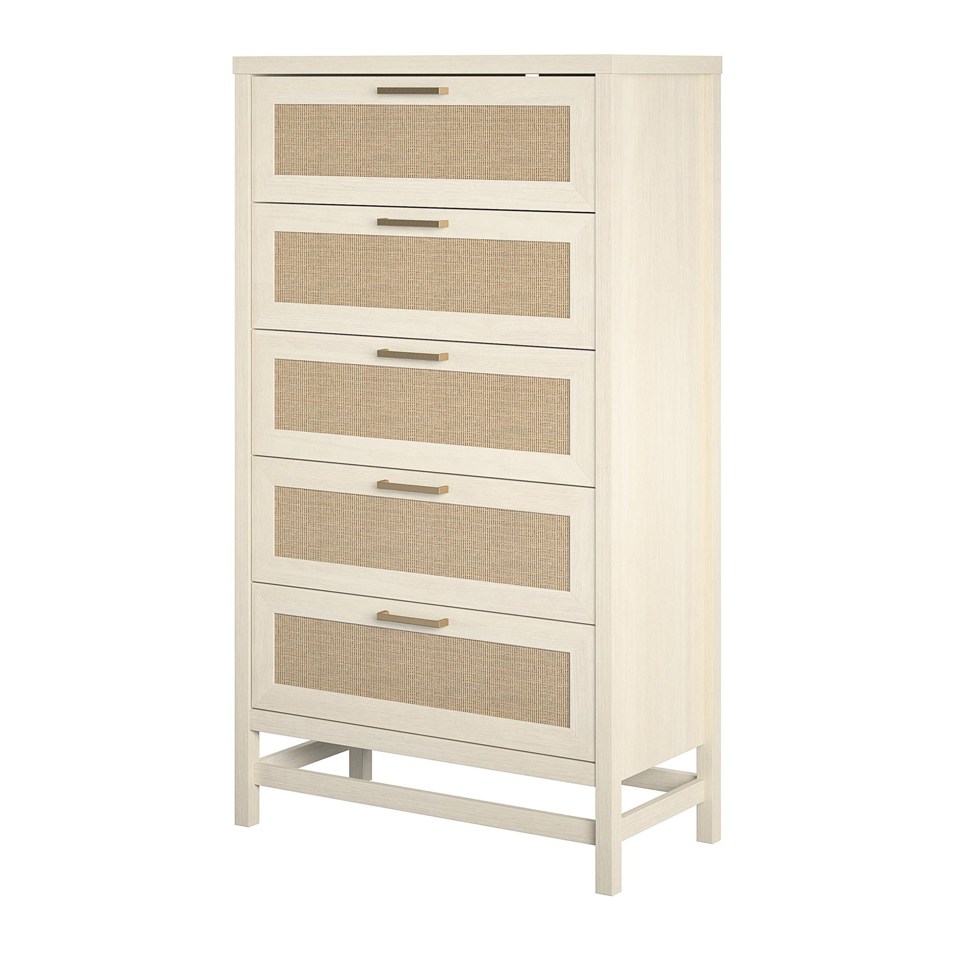 Lennon 5 Drawer Dresser with Faux Rattan and Gold Metal Handles - Ivory Oak